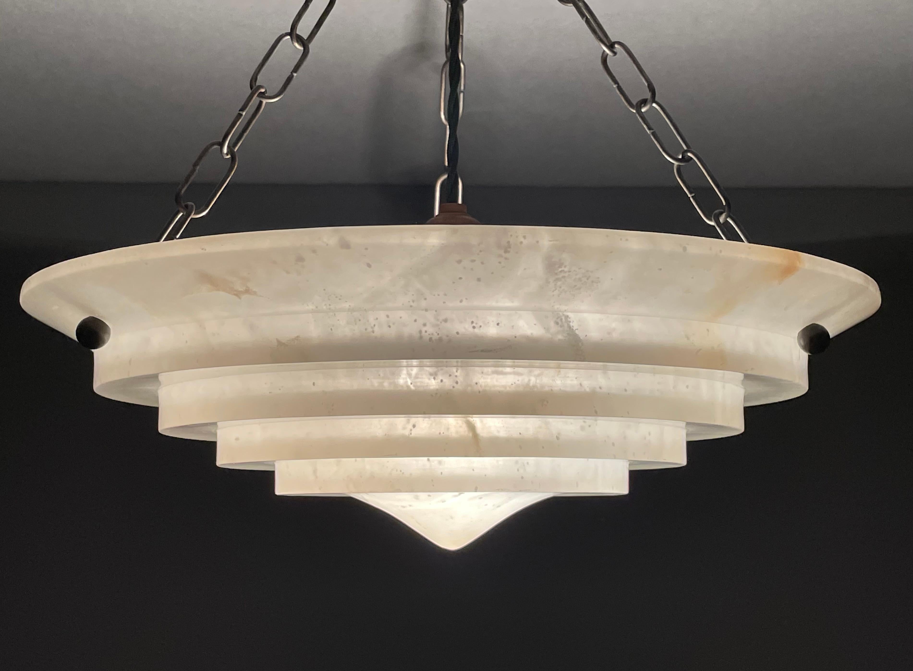 Hand-Carved Pure Art Deco Layered Alabaster Pendant / Flush Mount W. Matching Brass Canopy