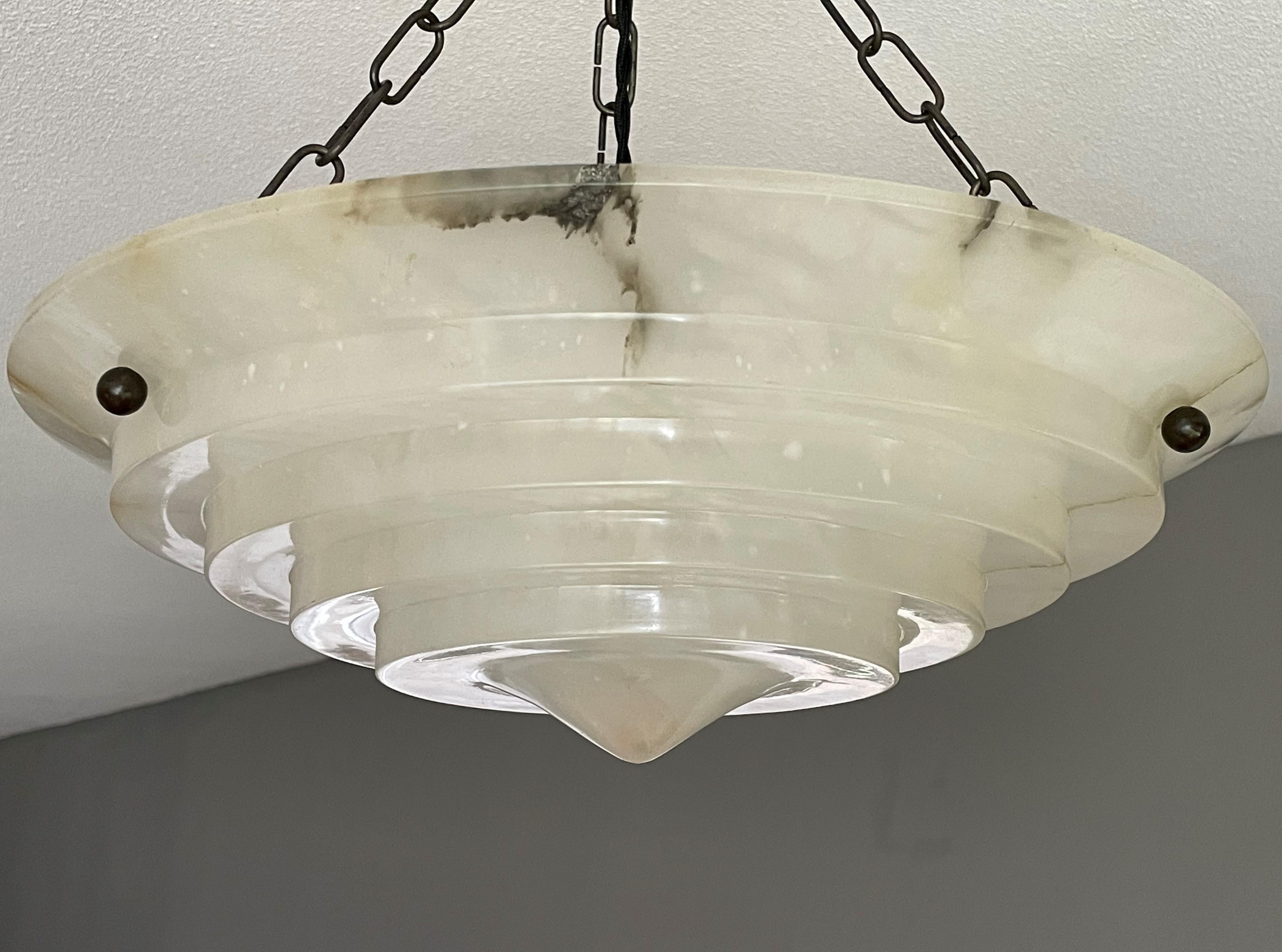 Pure Art Deco Layered Alabaster Pendant / Flush Mount W. Matching Brass Canopy In Good Condition In Lisse, NL