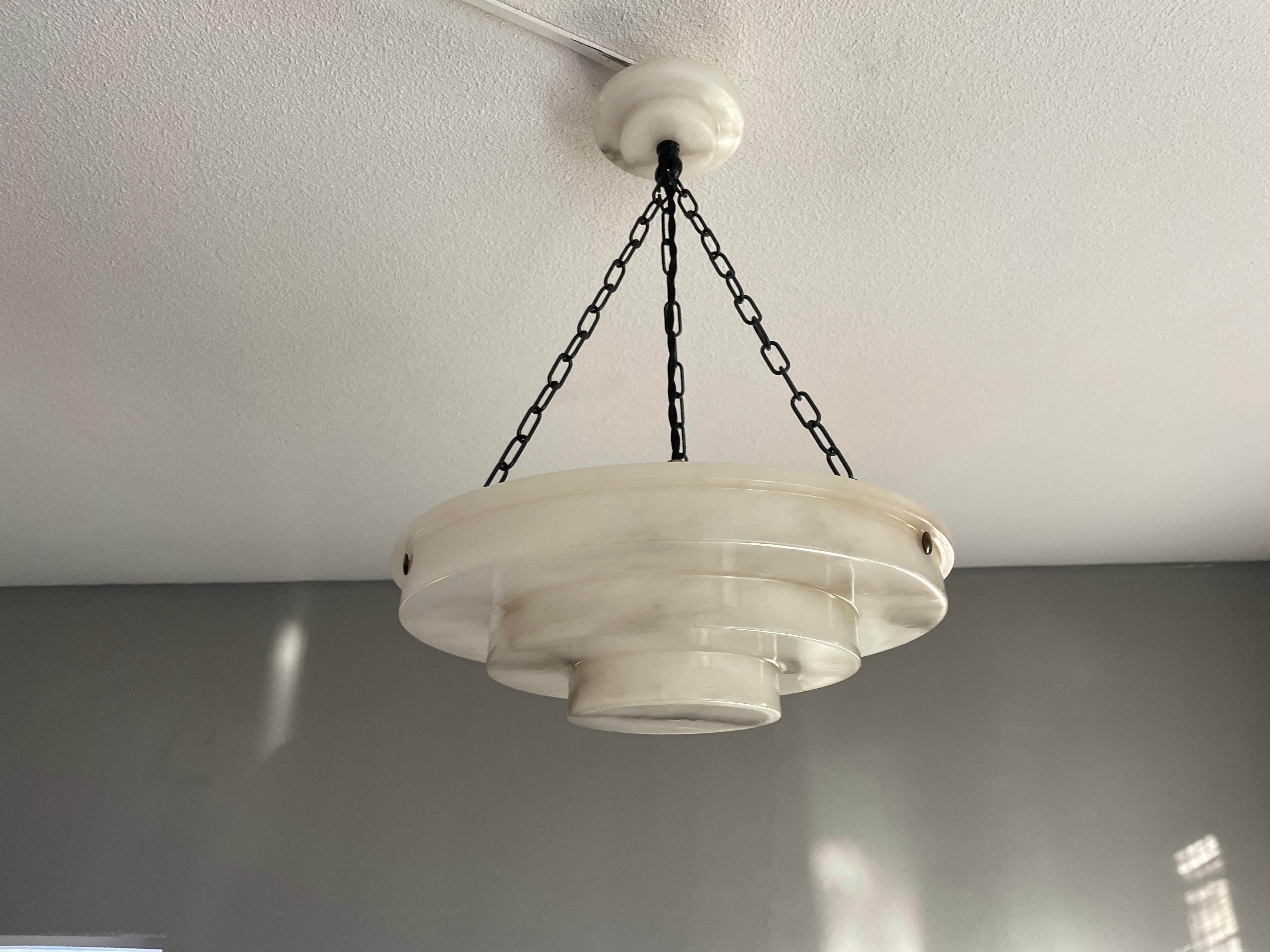 Pure Art Deco Layered Alabaster Pendant / Flush Mount W. Matching & Mint Canopy In Good Condition In Lisse, NL