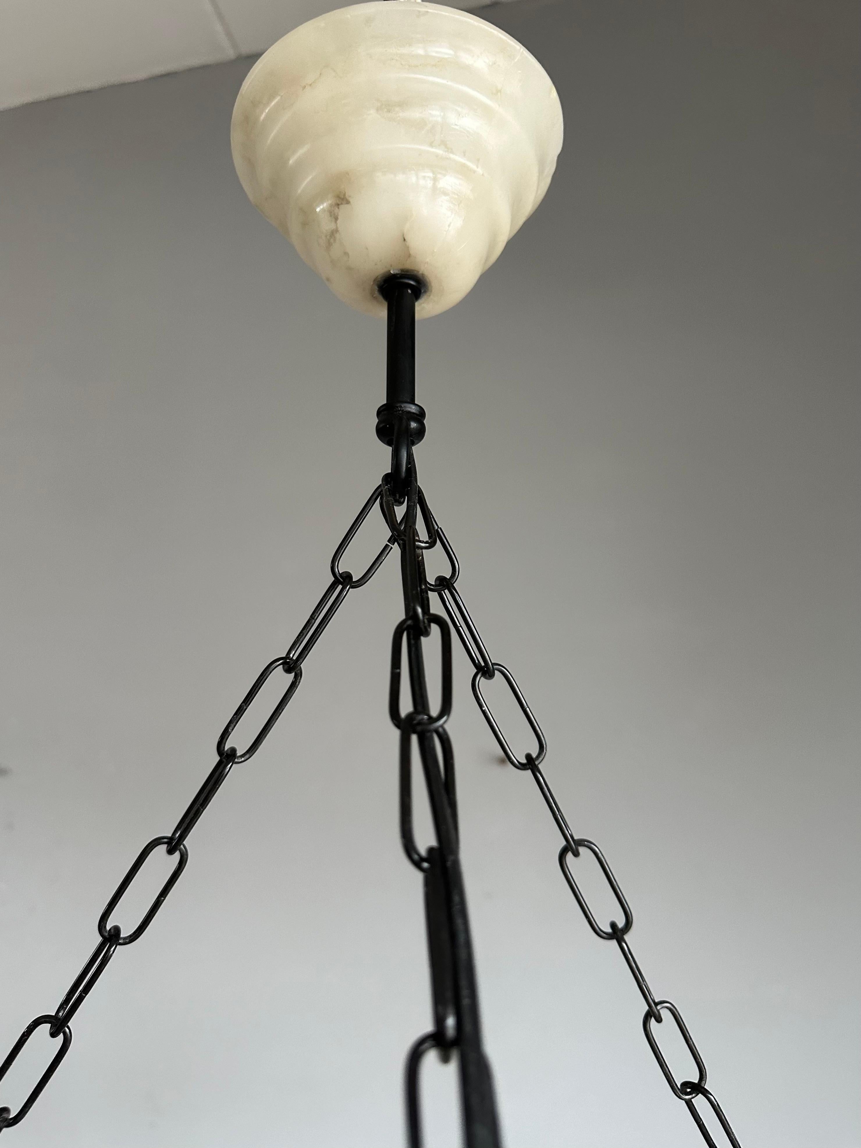 Pure Art Deco Layered White & Black Veins Alabaster Pendant Light w Match Canopy For Sale 3