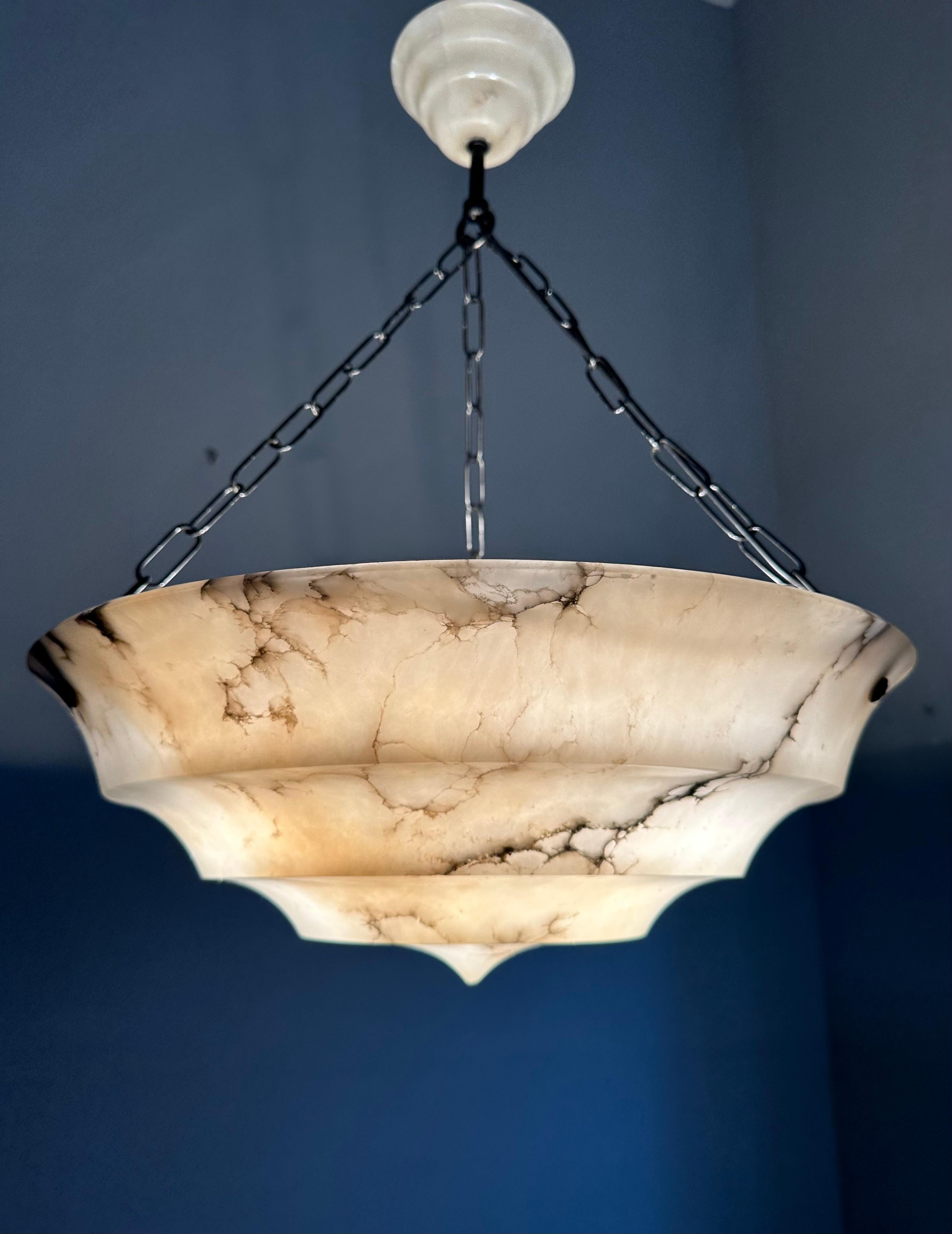 Pure Art Deco Layered White & Black Veins Alabaster Pendant Light w Match Canopy For Sale 4