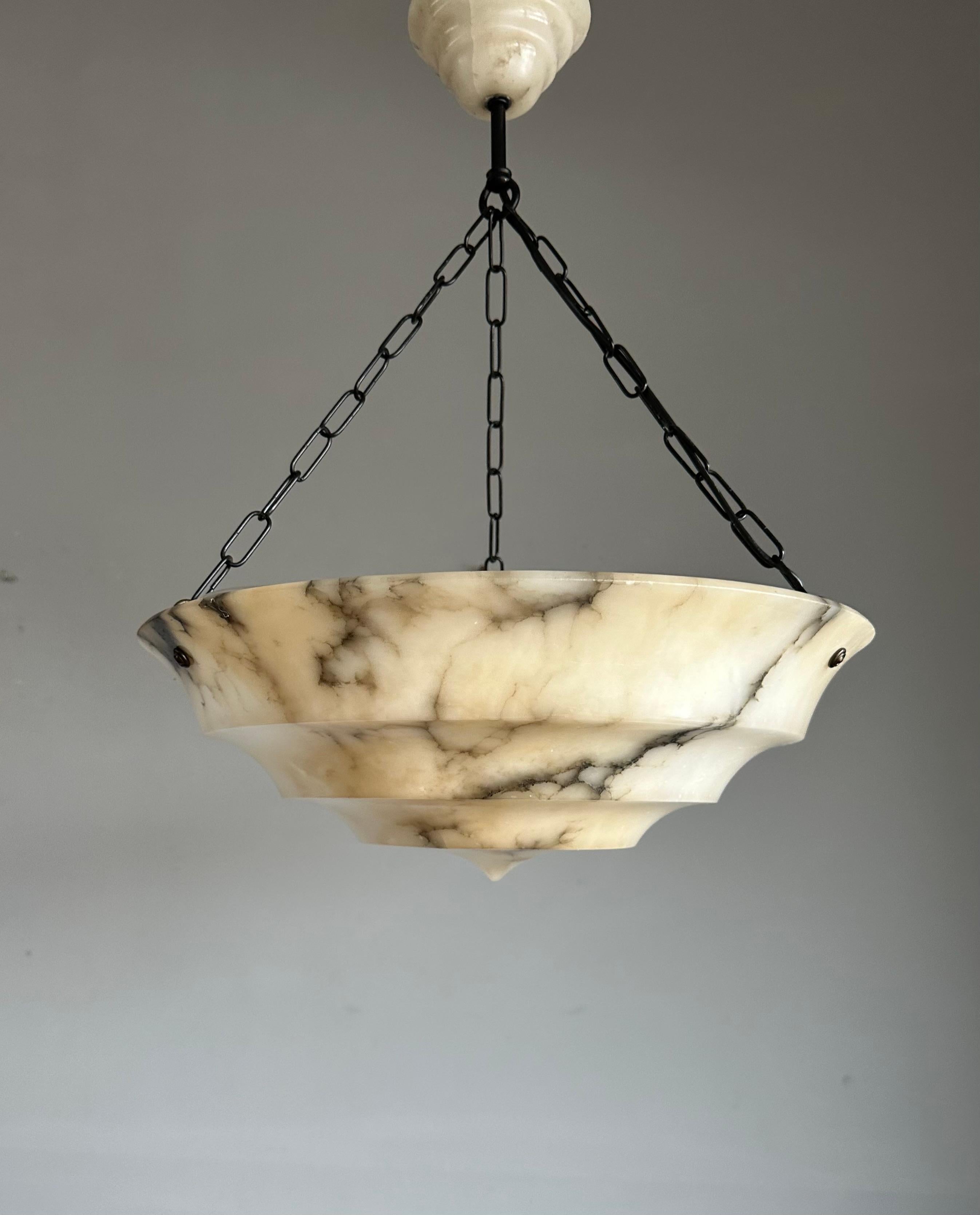 Pure Art Deco Layered White & Black Veins Alabaster Pendant Light w Match Canopy For Sale 6
