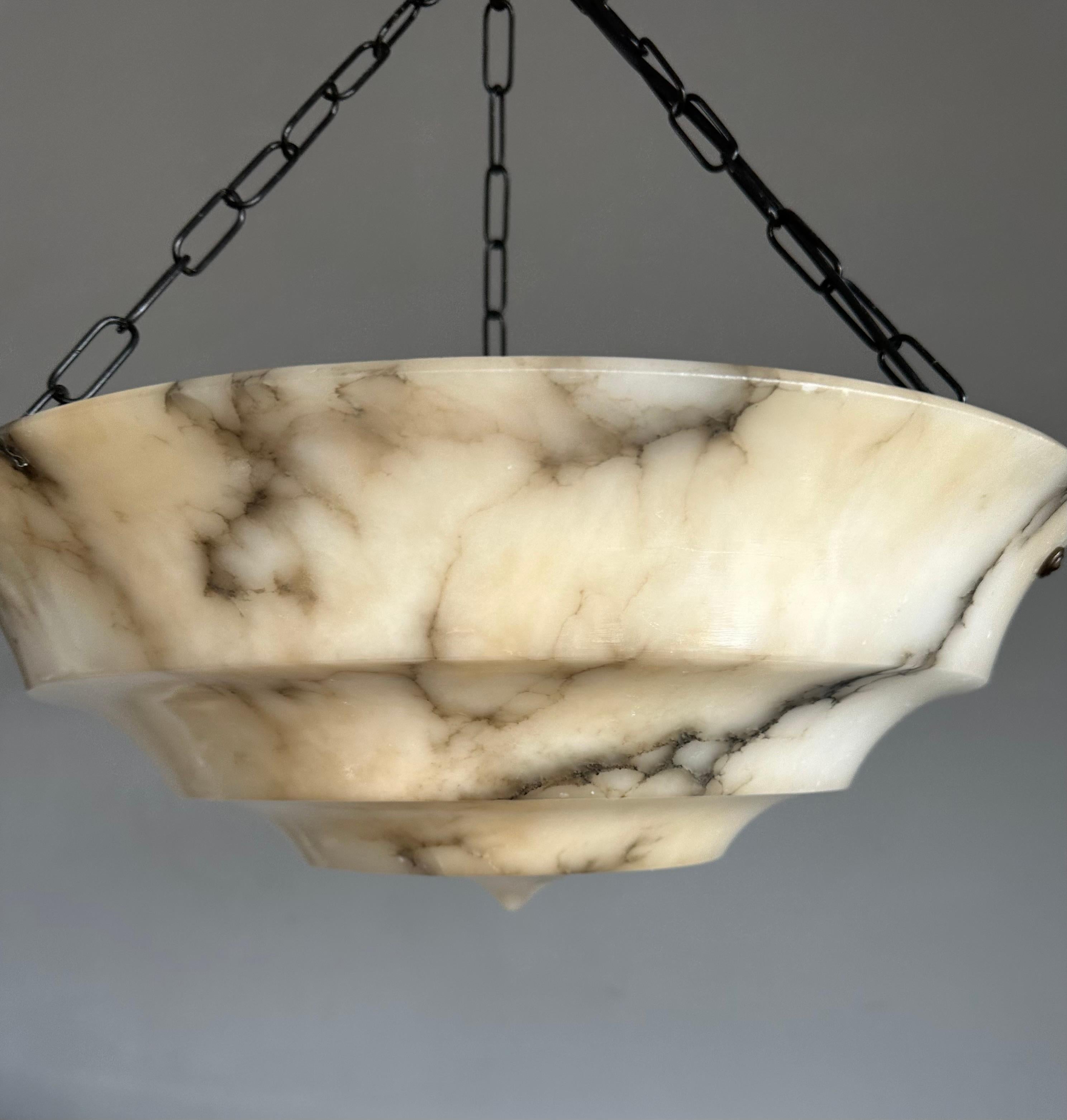 Pure Art Deco Layered White & Black Veins Alabaster Pendant Light w Match Canopy For Sale 7
