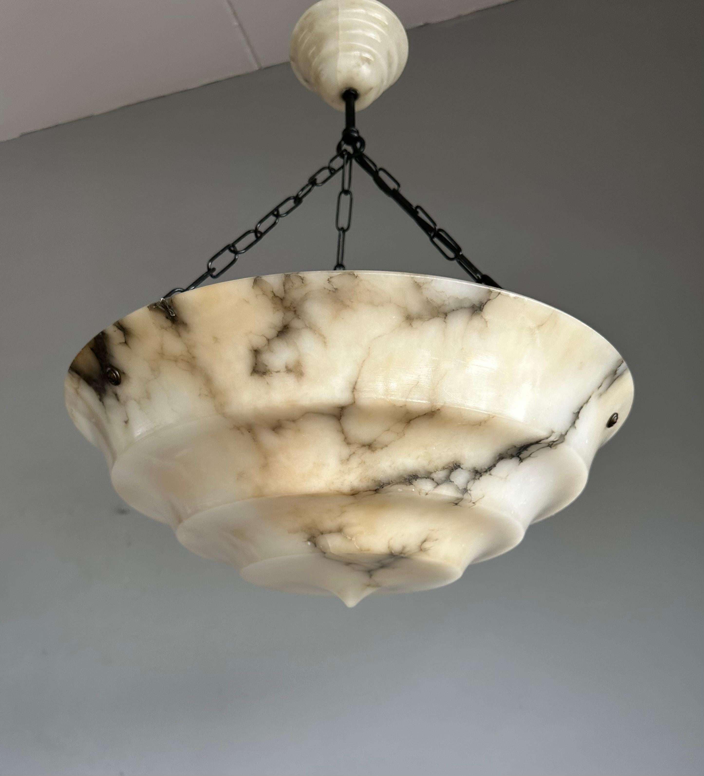 Pure Art Deco Layered White & Black Veins Alabaster Pendant Light w Match Canopy For Sale 8