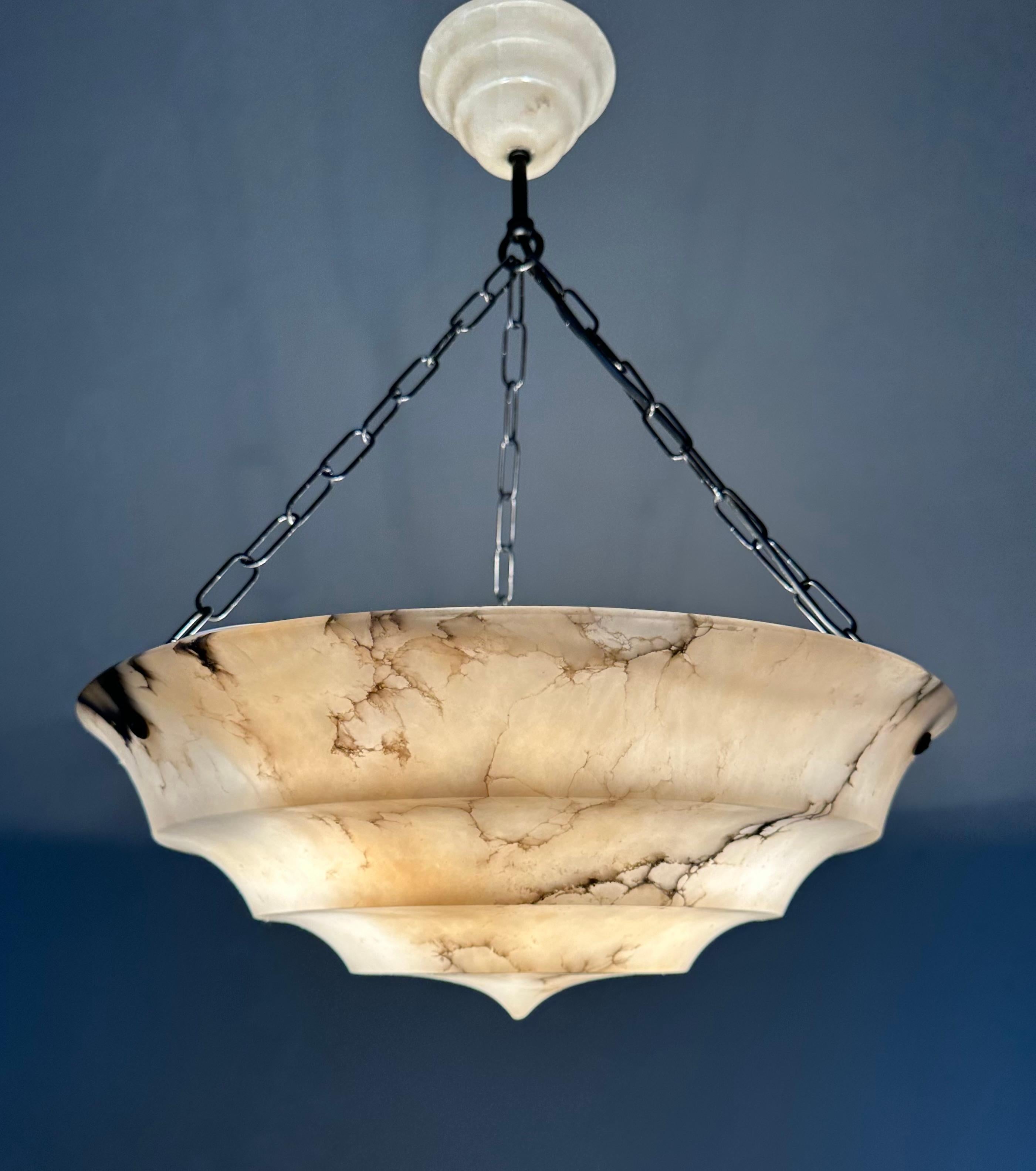 Pure Art Deco Layered White & Black Veins Alabaster Pendant Light w Match Canopy For Sale 9