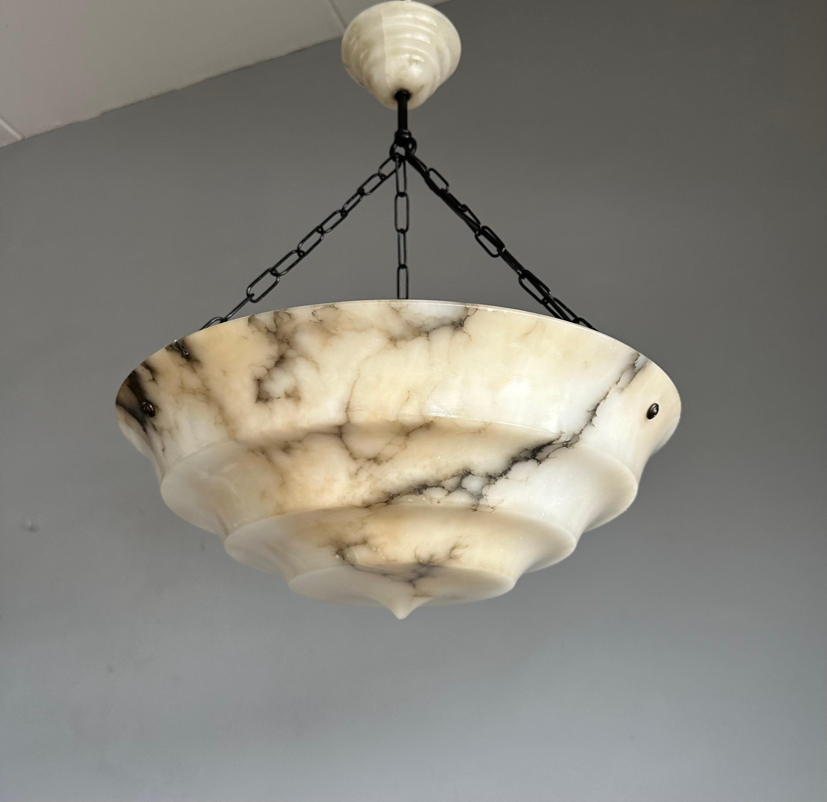 Pure Art Deco Layered White & Black Veins Alabaster Pendant Light w Match Canopy For Sale 10