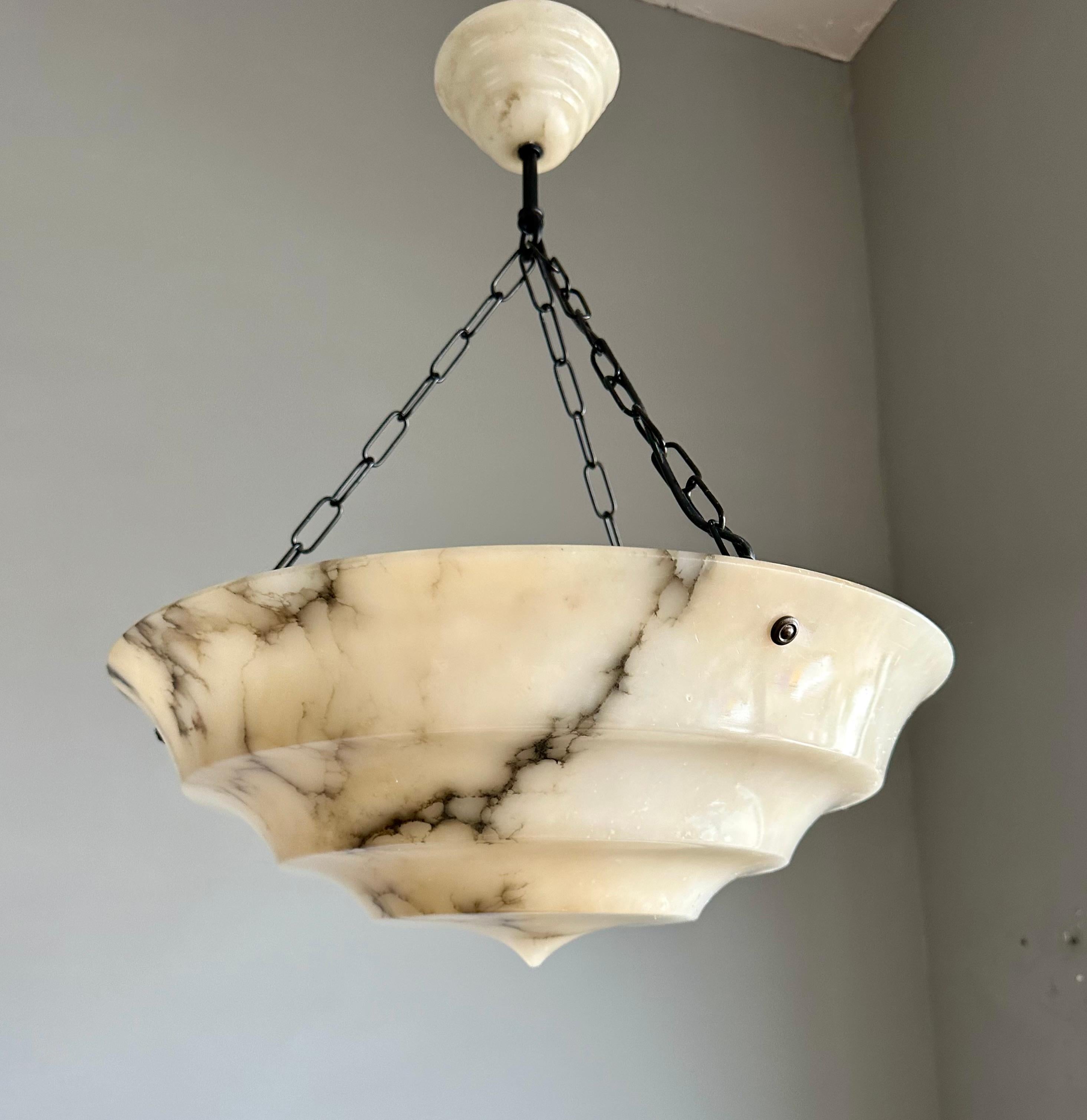 Pure Art Deco Layered White & Black Veins Alabaster Pendant Light w Match Canopy For Sale 11