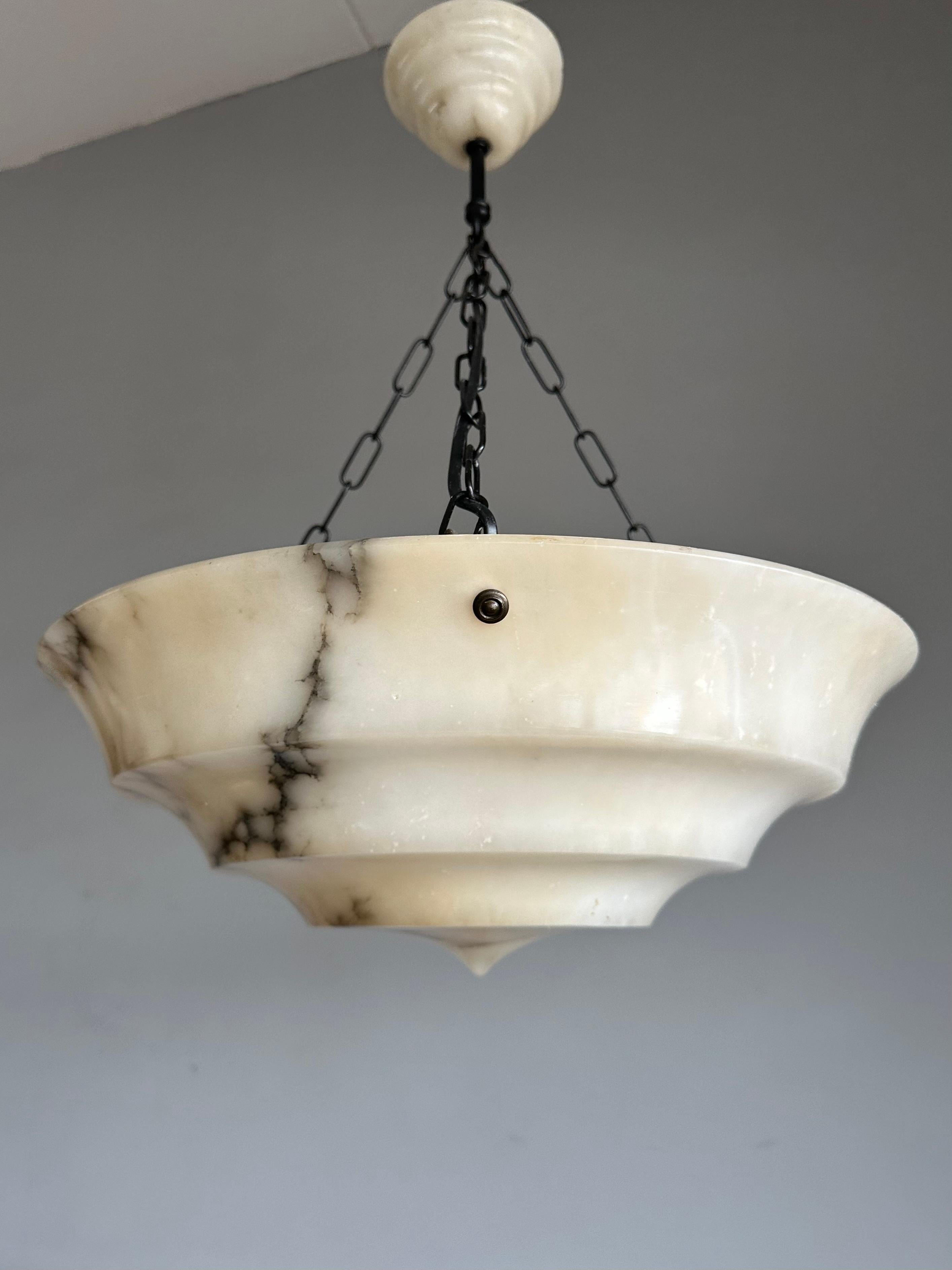Pure Art Deco Layered White & Black Veins Alabaster Pendant Light w Match Canopy For Sale 12