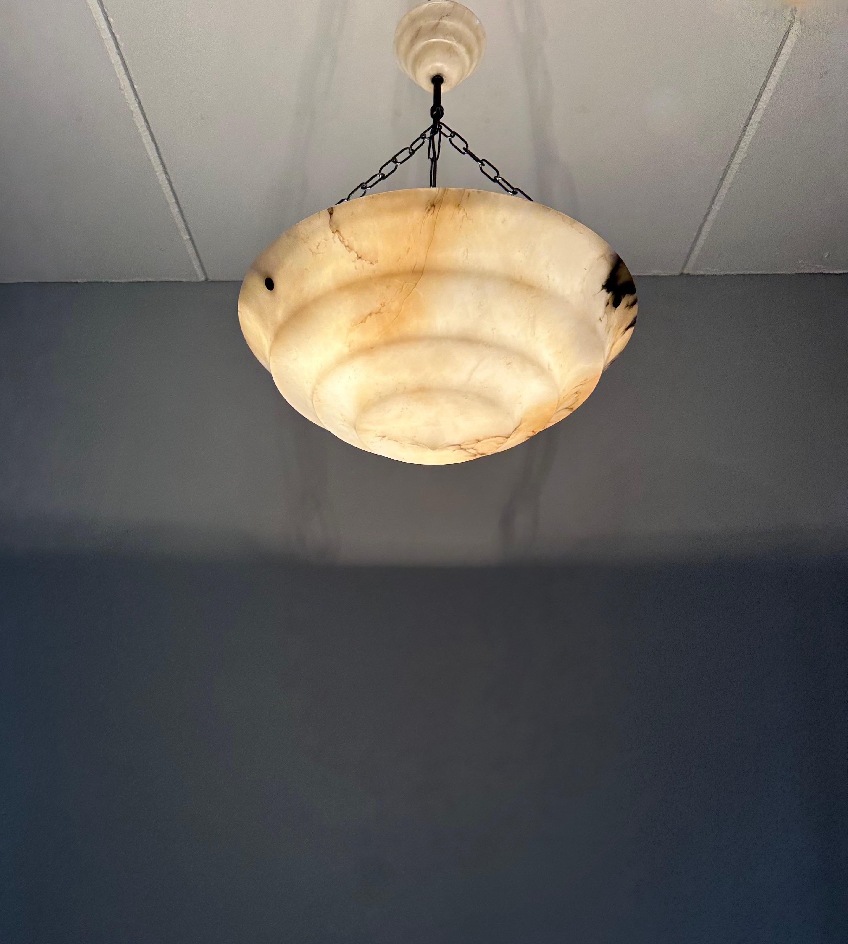 Pure Art Deco Layered White & Black Veins Alabaster Pendant Light w Match Canopy For Sale 13