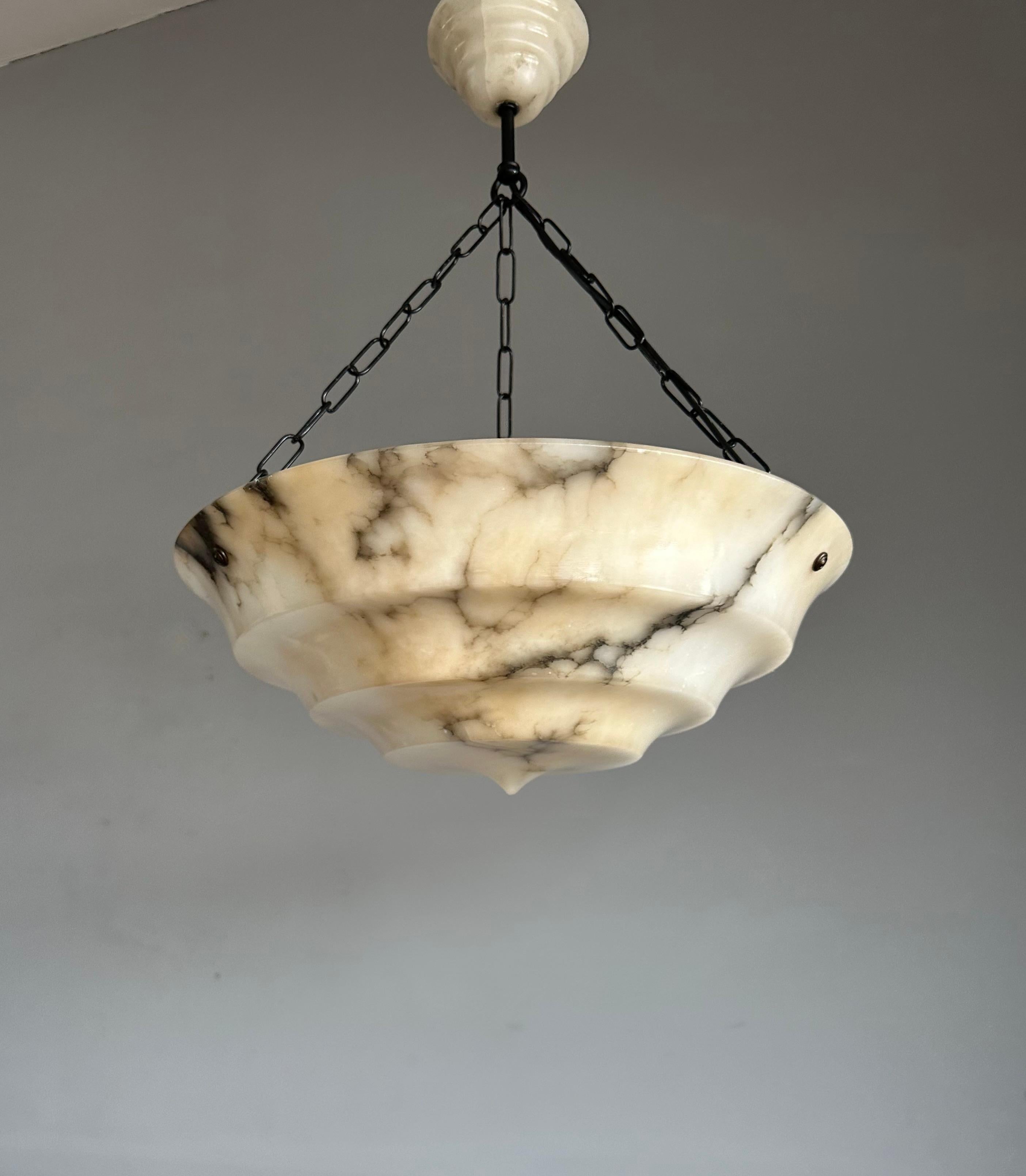 Hand-Carved Pure Art Deco Layered White & Black Veins Alabaster Pendant Light w Match Canopy For Sale