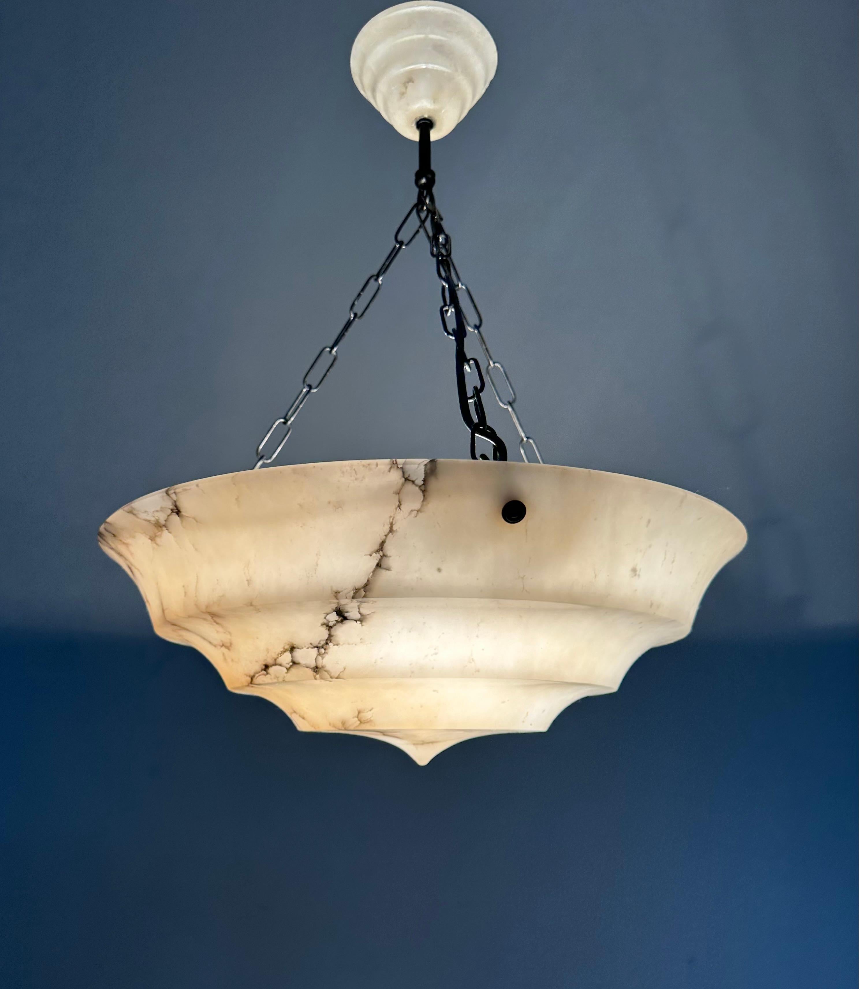 20th Century Pure Art Deco Layered White & Black Veins Alabaster Pendant Light w Match Canopy For Sale