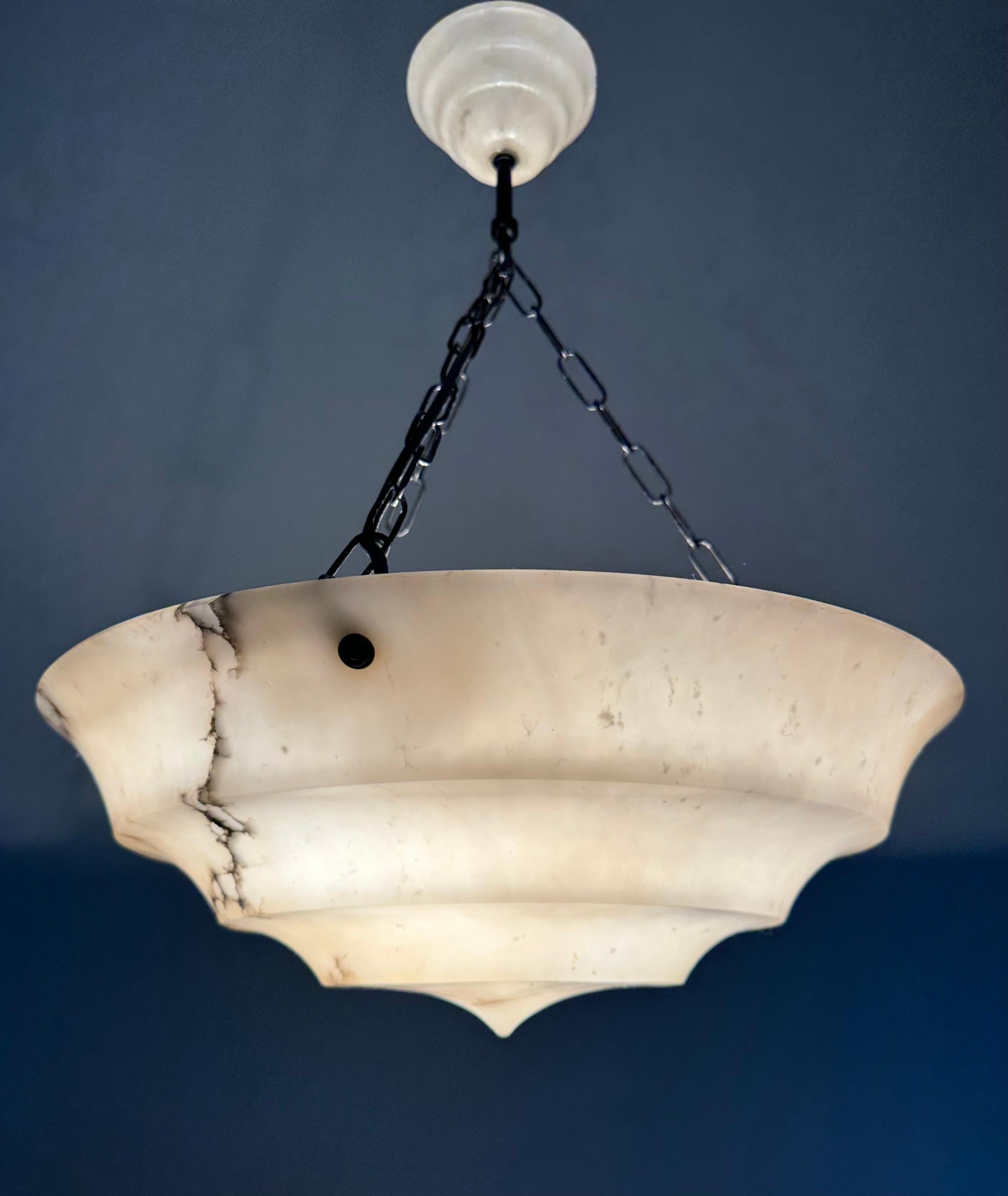 Metal Pure Art Deco Layered White & Black Veins Alabaster Pendant Light w Match Canopy For Sale