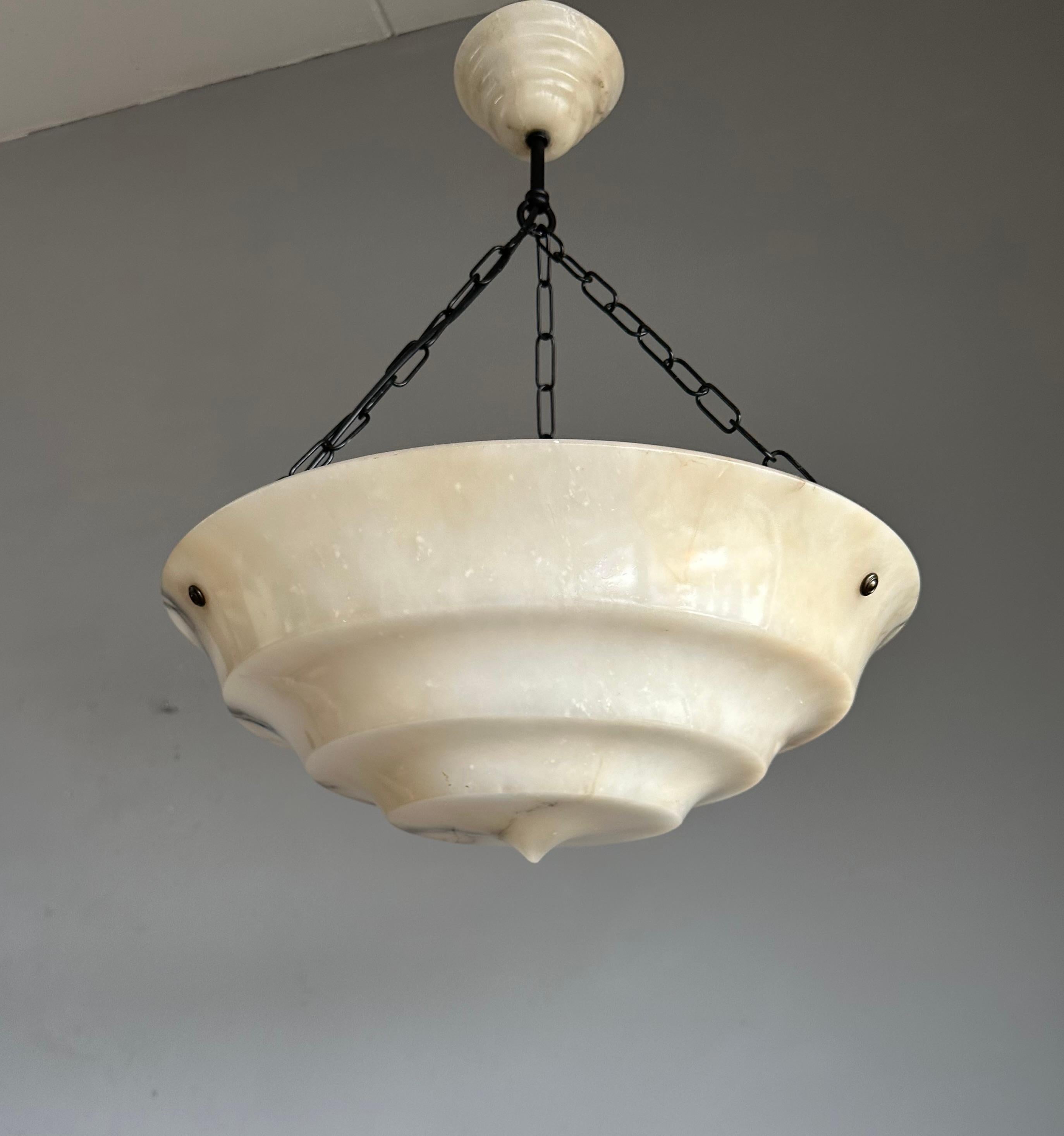 Pure Art Deco Layered White & Black Veins Alabaster Pendant Light w Match Canopy For Sale 1