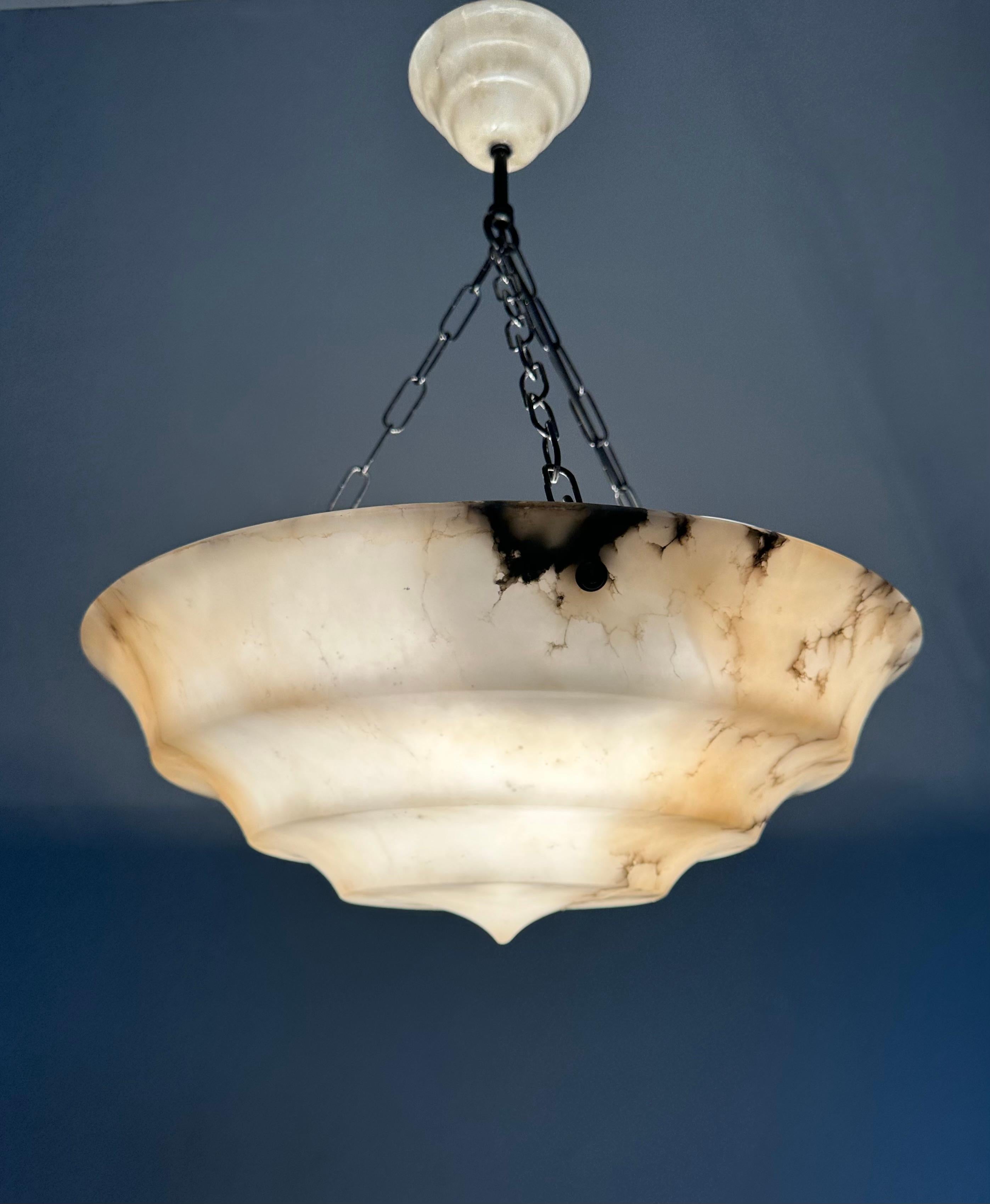 Pure Art Deco Layered White & Black Veins Alabaster Pendant Light w Match Canopy For Sale 2