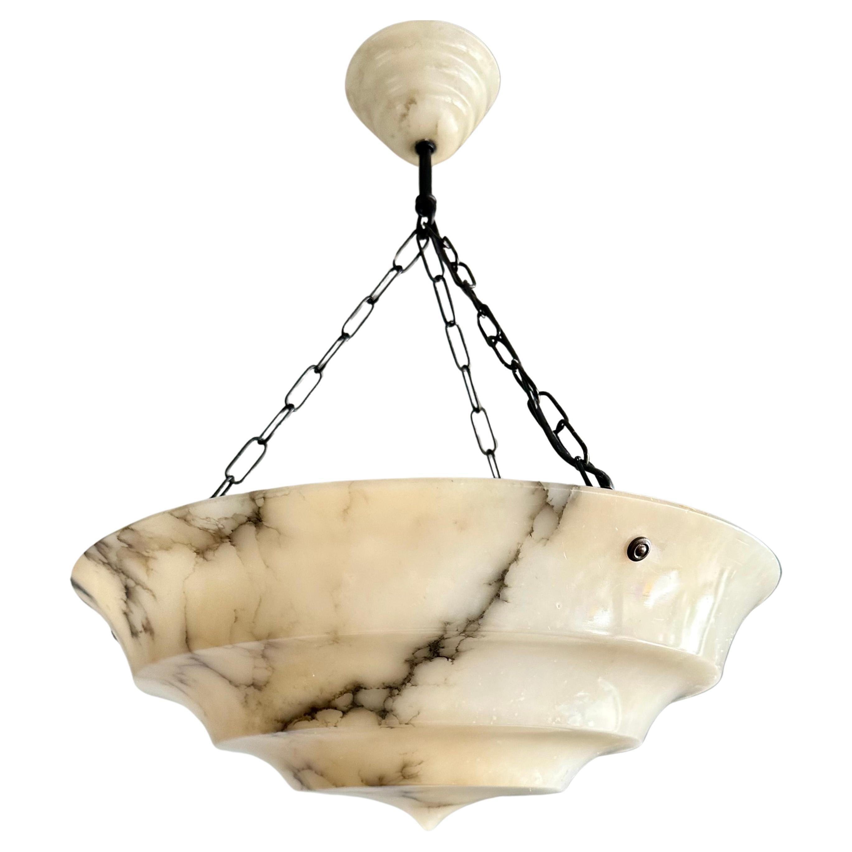 Pure Art Deco Layered White & Black Veins Alabaster Pendant Light w Match Canopy For Sale