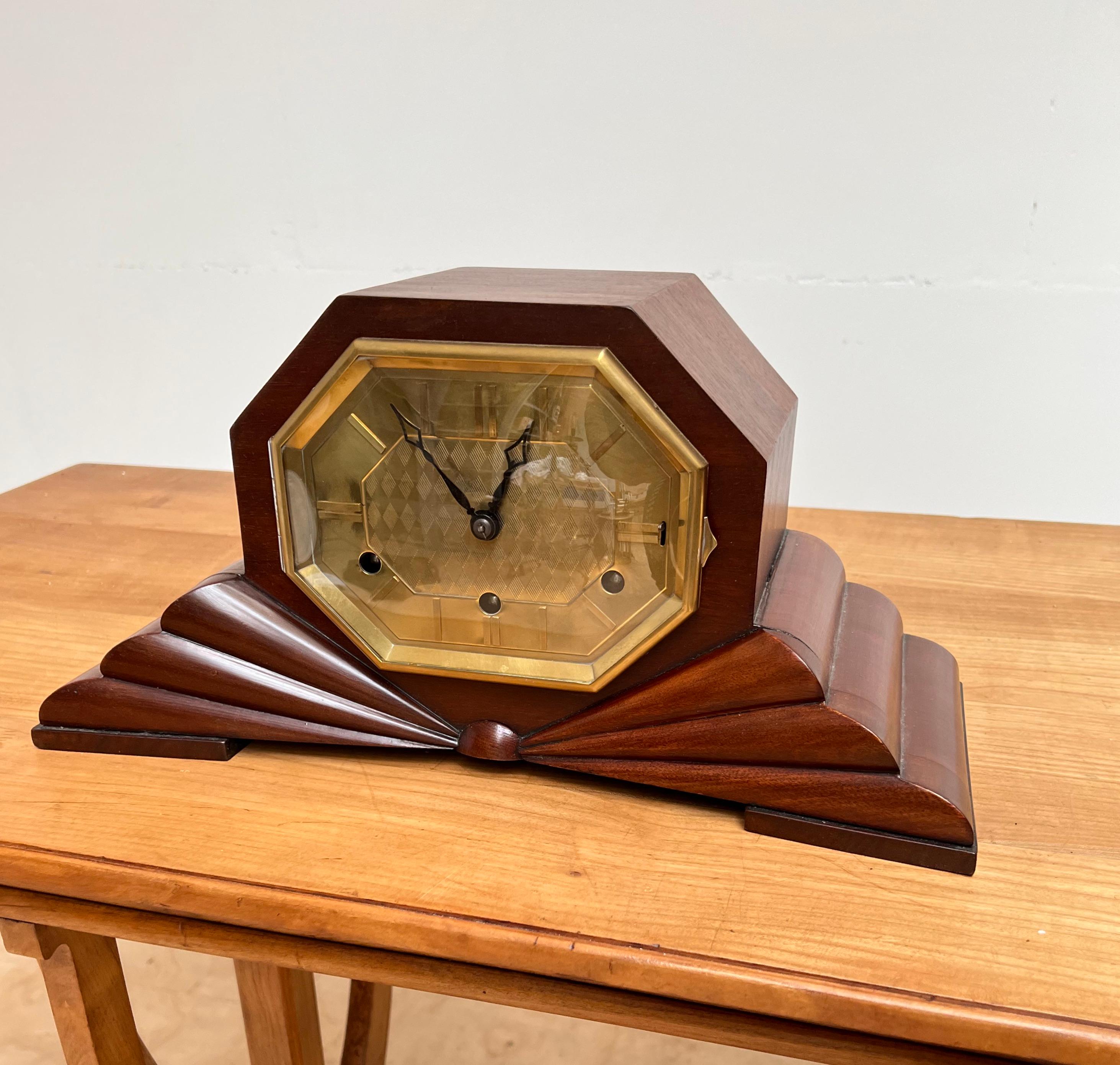European Pure Art Deco, Marvelous Design & Warm Color Nutwood Mantle / Desk / Table Clock For Sale