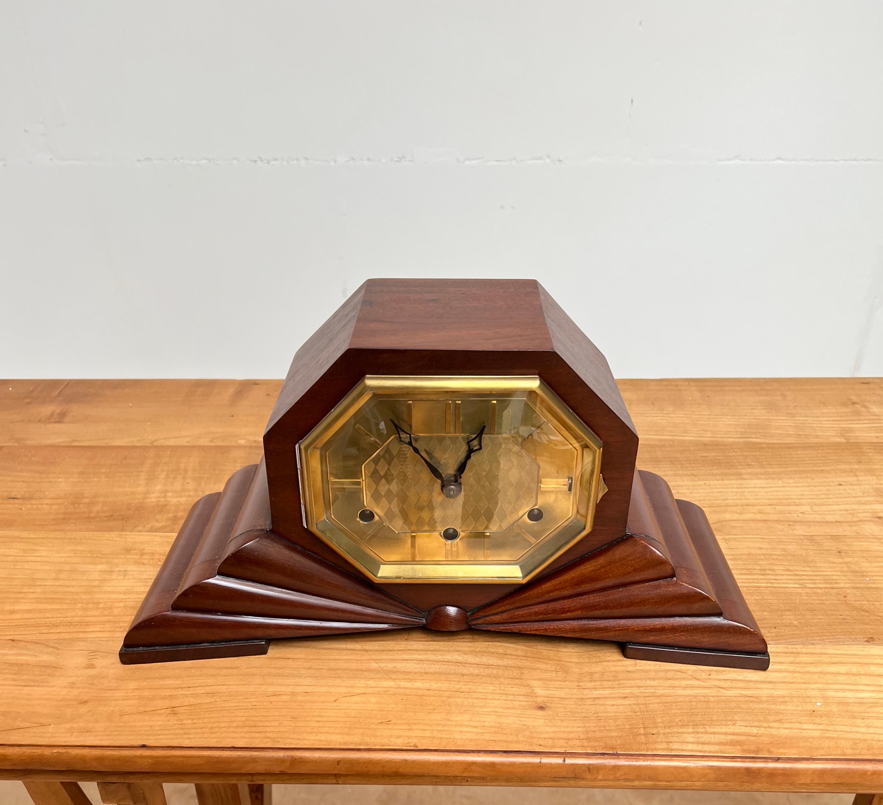 Hand-Carved Pure Art Deco, Marvelous Design & Warm Color Nutwood Mantle / Desk / Table Clock For Sale