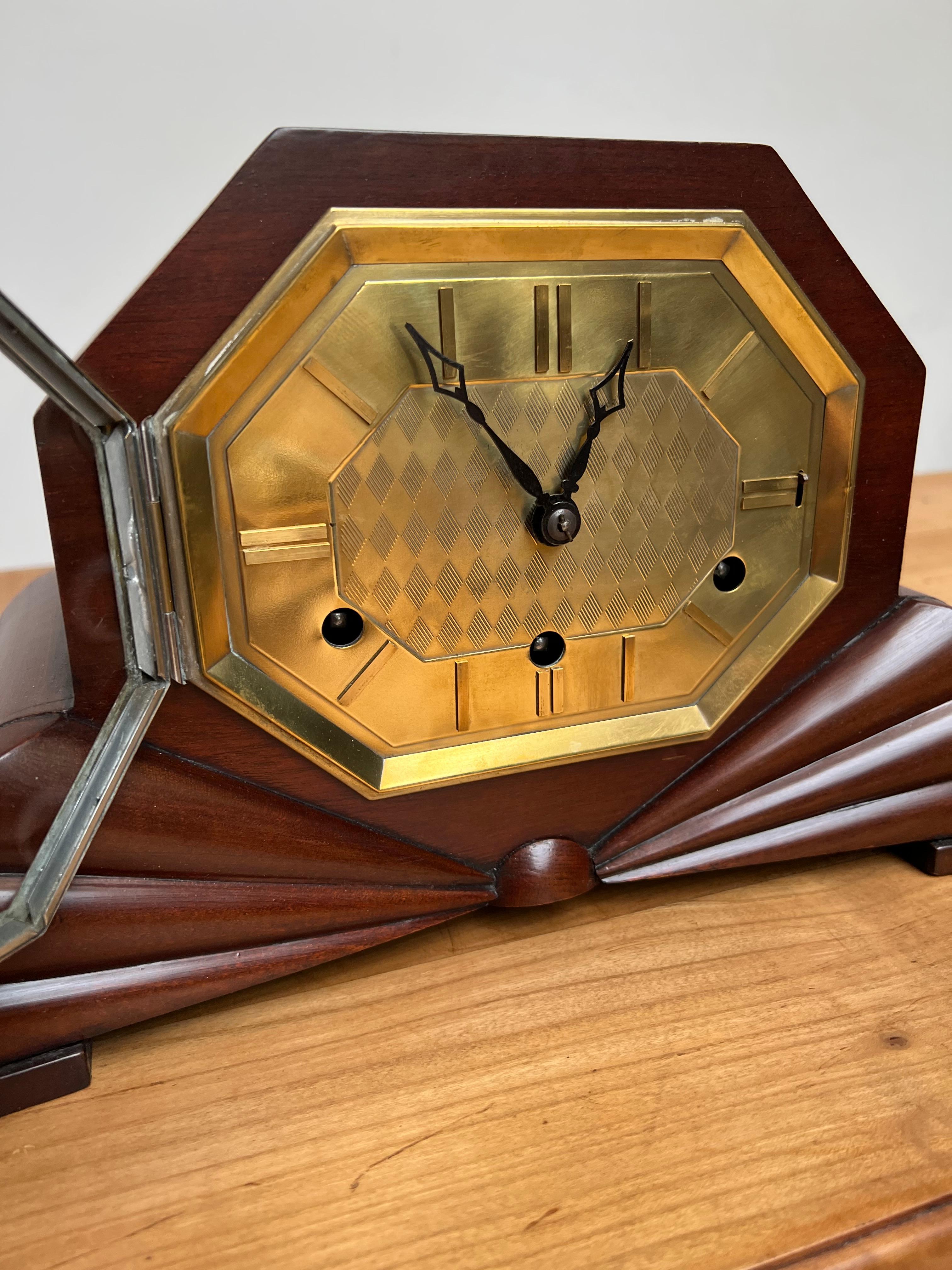 Brass Pure Art Deco, Marvelous Design & Warm Color Nutwood Mantle / Desk / Table Clock For Sale