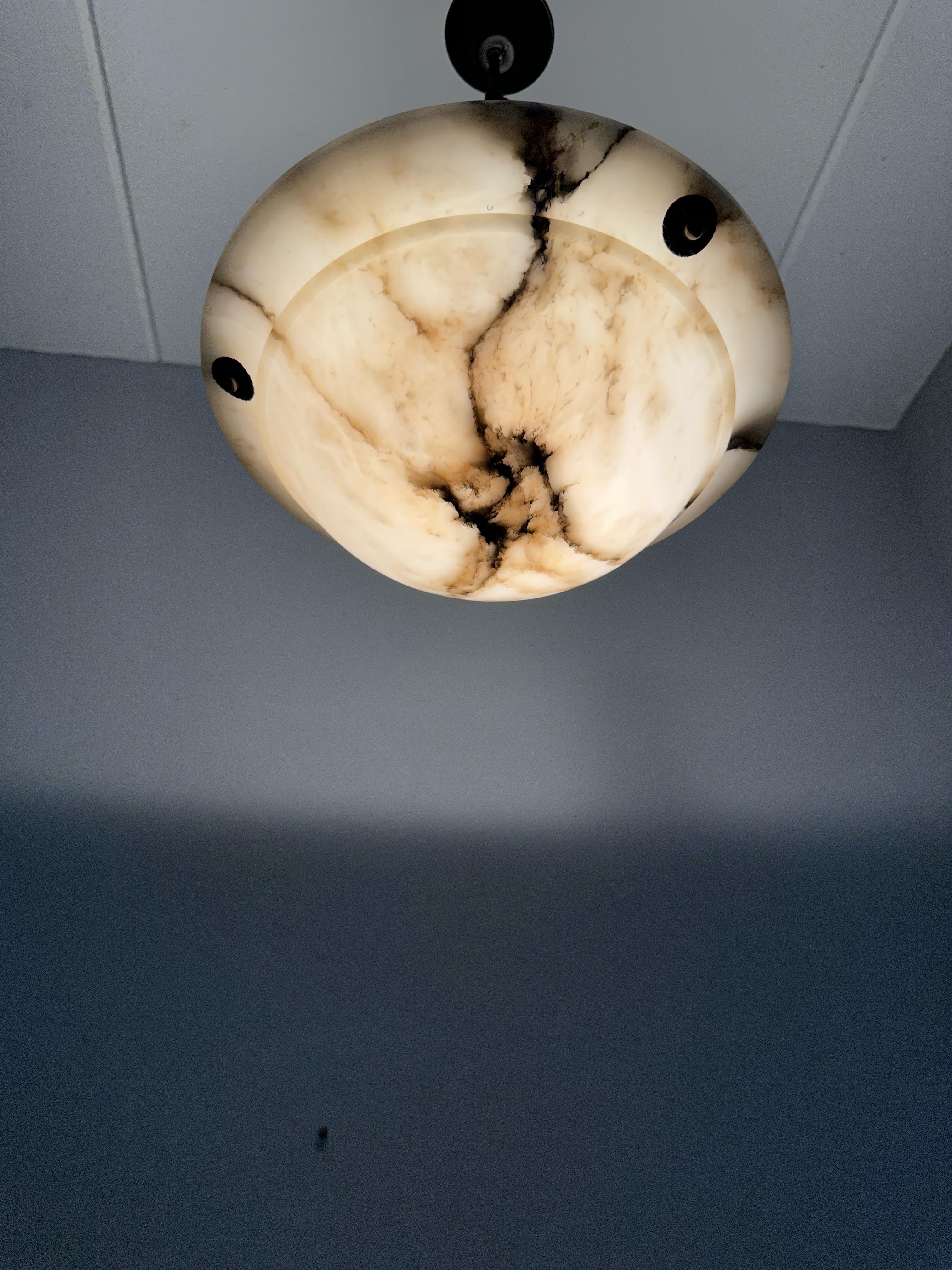 Blackened Timless & Pure Art Deco White Alabaster Pendant Light with Adjustable Canopy For Sale