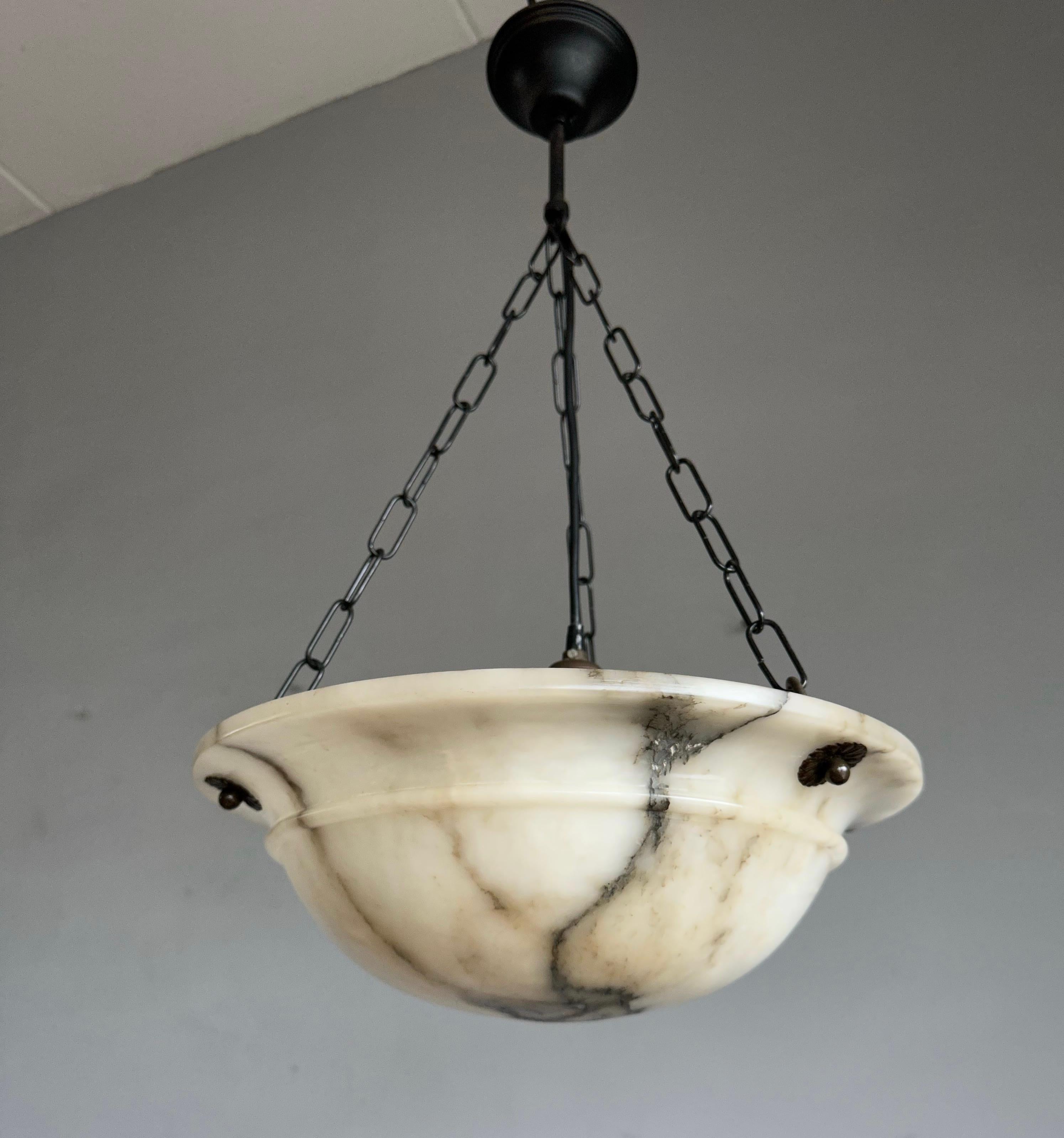 20th Century Timless & Pure Art Deco White Alabaster Pendant Light with Adjustable Canopy For Sale