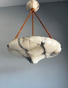 Pure Art Deco White & Black Veins Alabaster Pendelleuchte, Seil & Baldachin