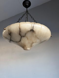 Pure Art Deco White & Black Veins Alabaster Pendant Light Fixture, Rope & Canopy