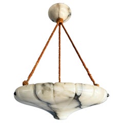 Pure Art Deco White & Black Veins Alabaster Pendant Light Fixture, Rope & Canopy