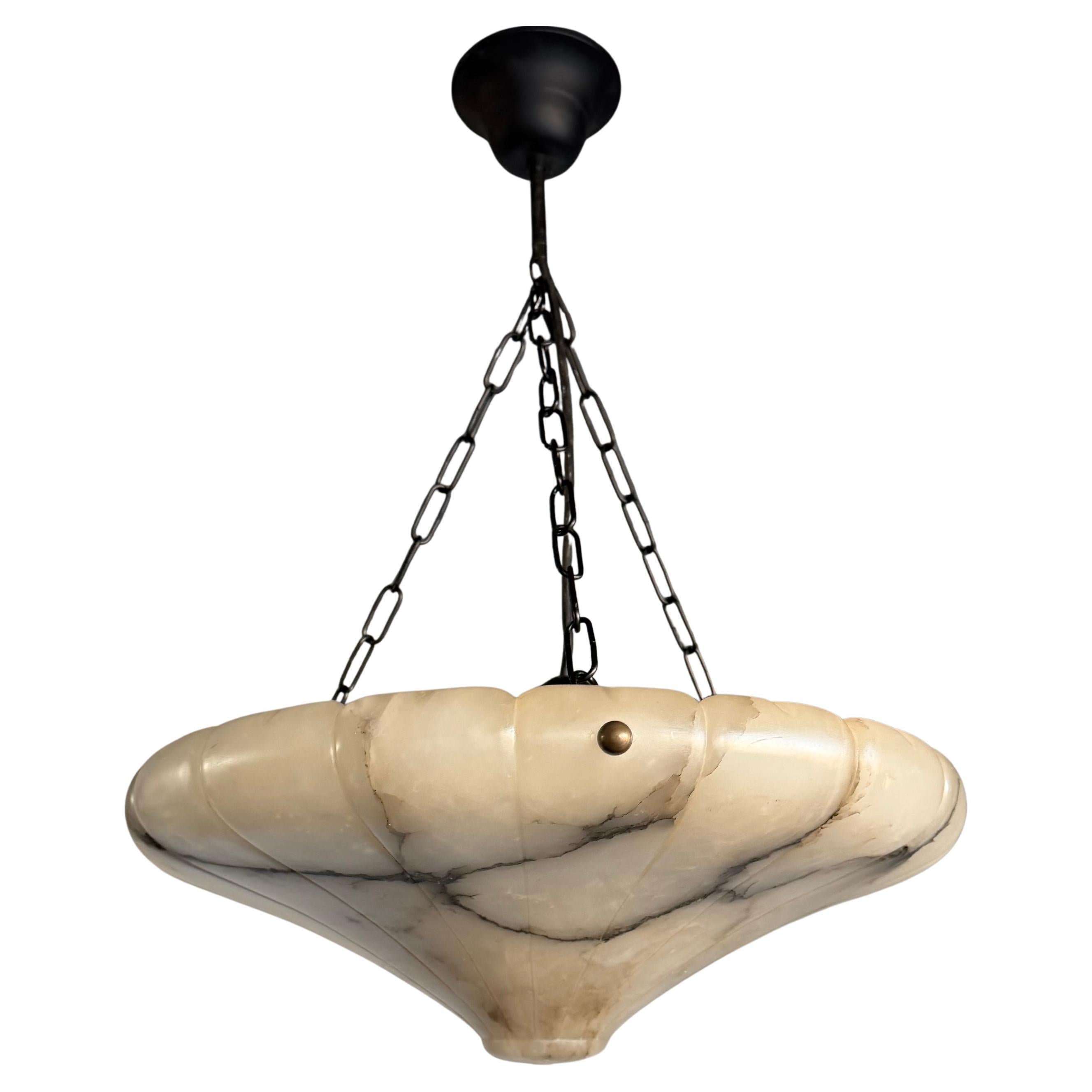 Beautiful Art Deco White & Black Veins Alabaster Pendant Light, Ceiling Fixture