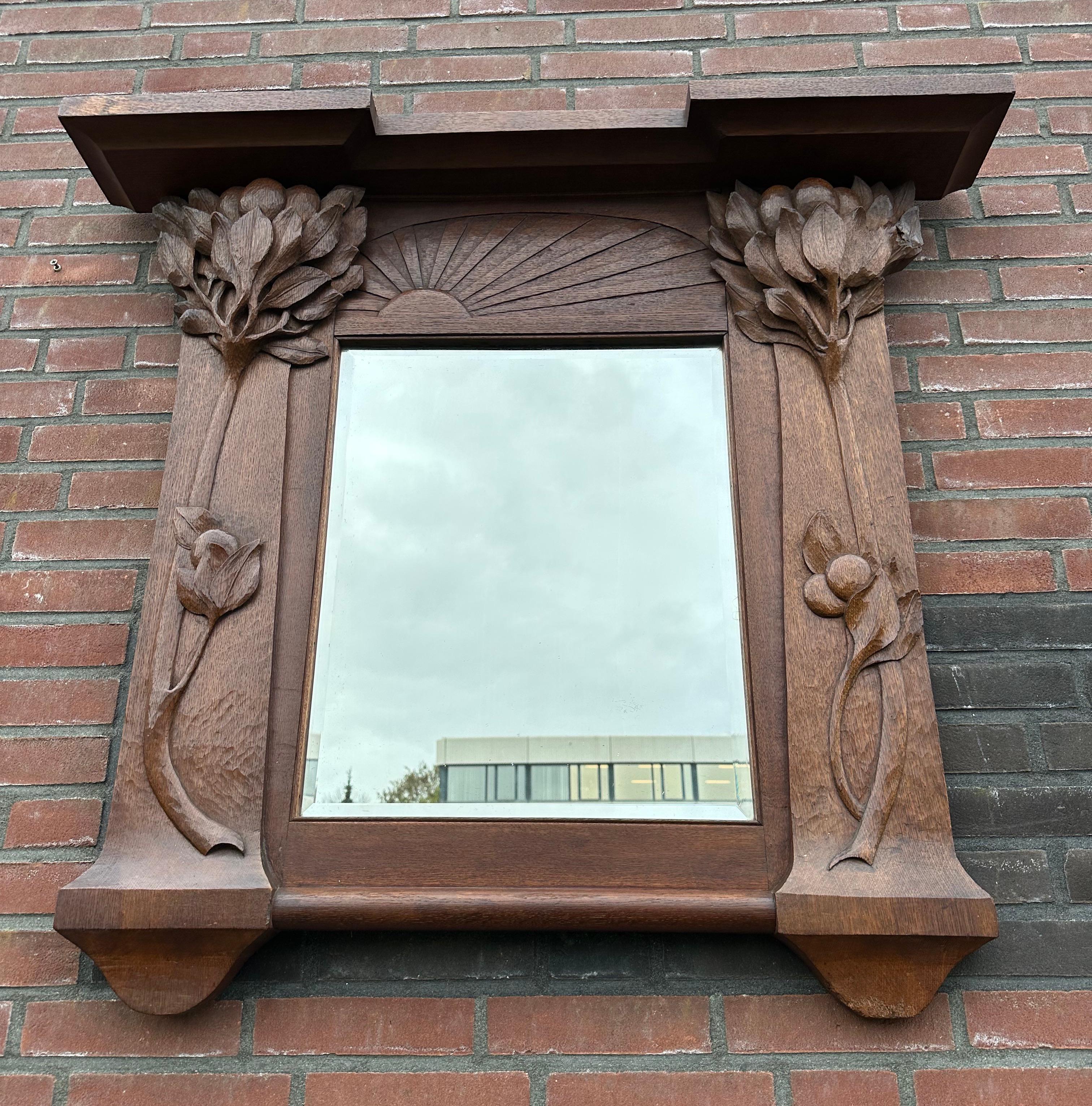  Pure Arts & Crafts Wooden Wall / Fireplace Mirror w. Amazing Hand Carved Plants For Sale 4