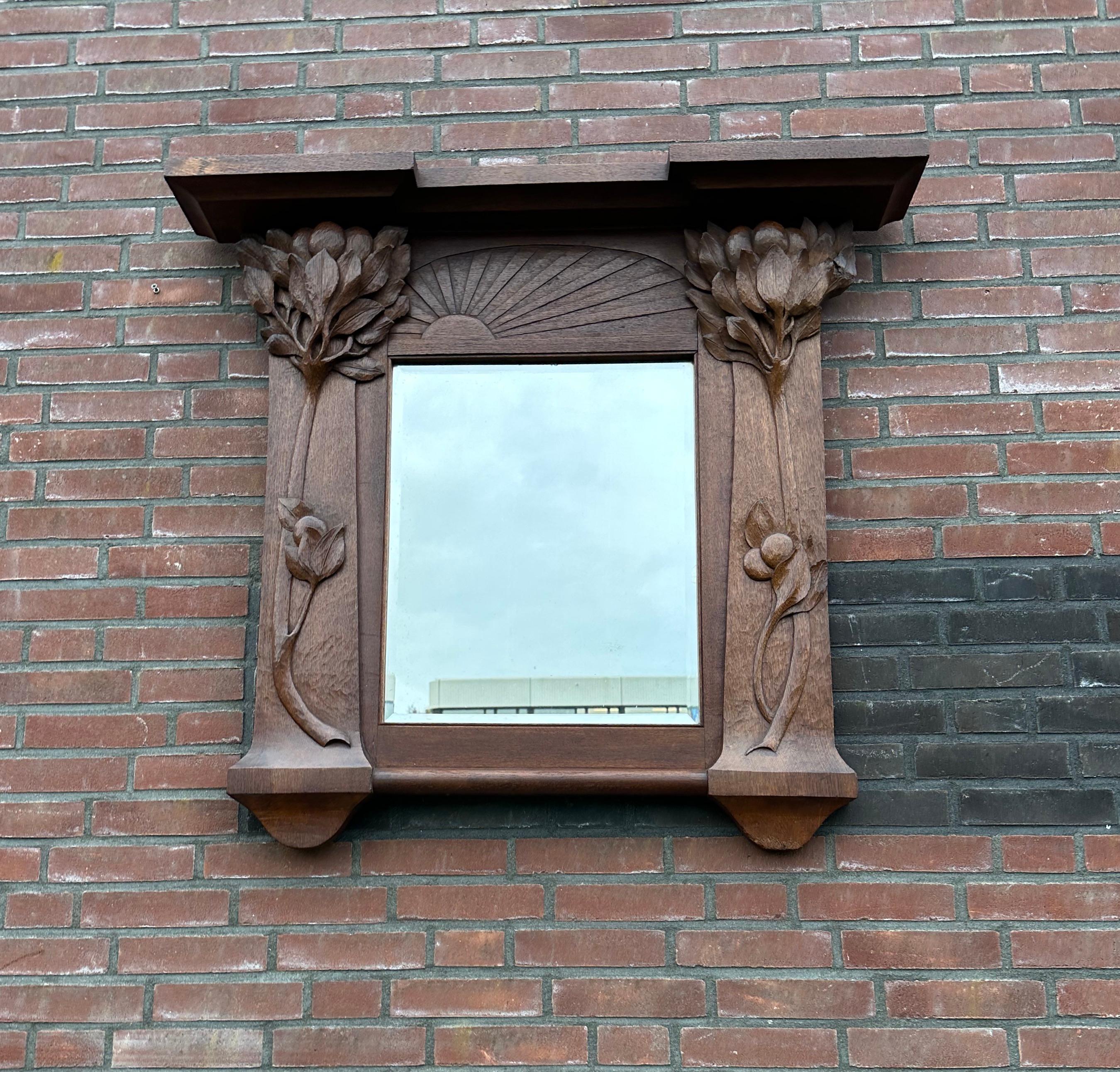  Pure Arts & Crafts Wooden Wall / Fireplace Mirror w. Amazing Hand Carved Plants For Sale 5