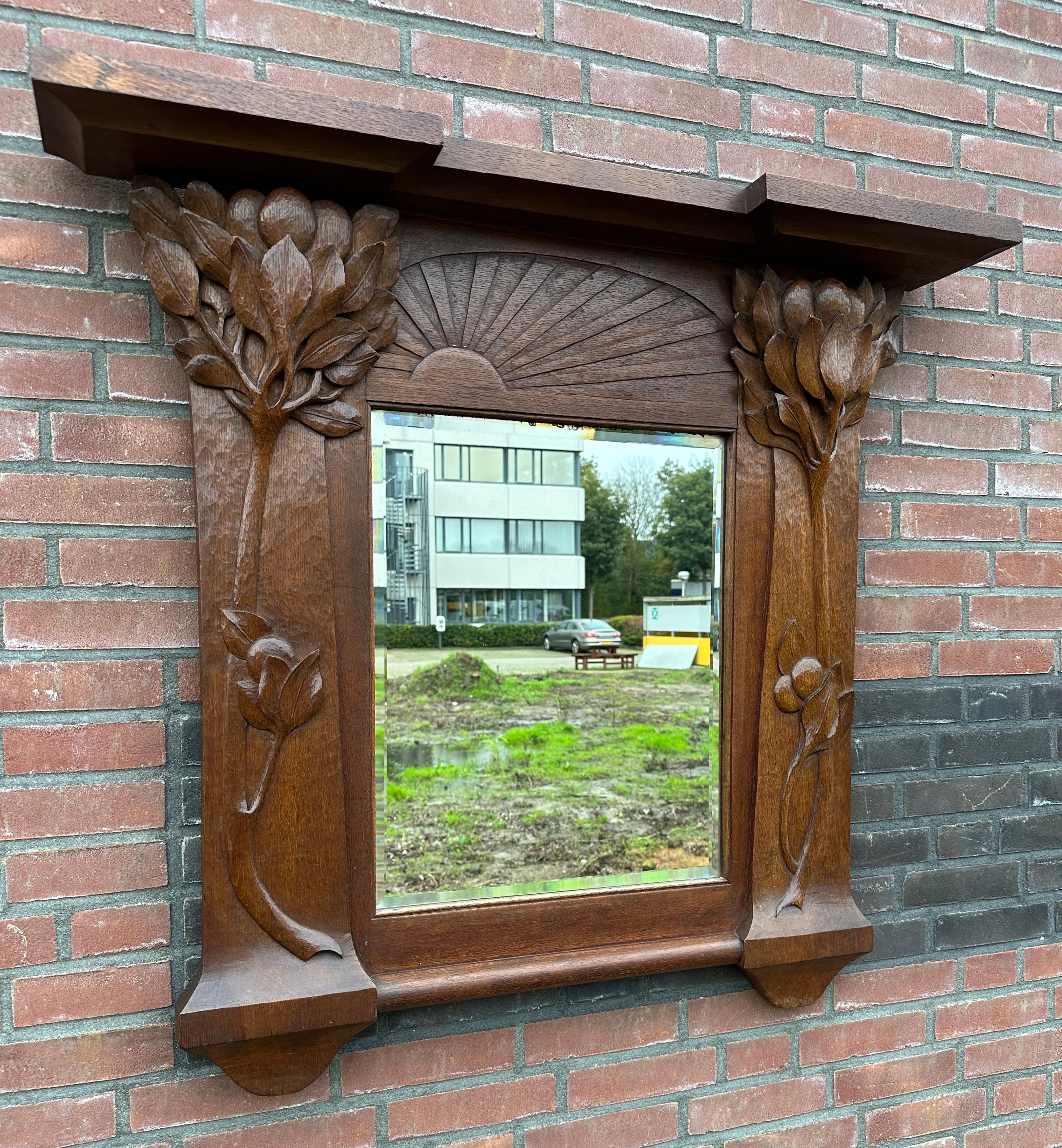  Pure Arts & Crafts Wooden Wall / Fireplace Mirror w. Amazing Hand Carved Plants For Sale 8