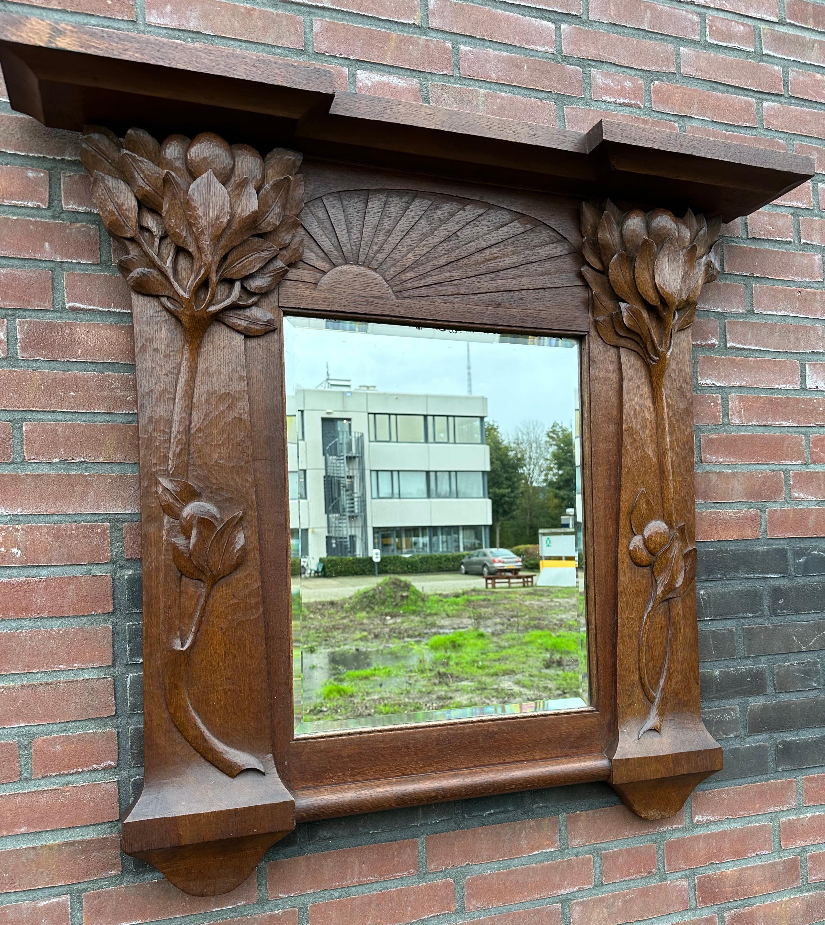  Pure Arts & Crafts Wooden Wall / Fireplace Mirror w. Amazing Hand Carved Plants For Sale 10