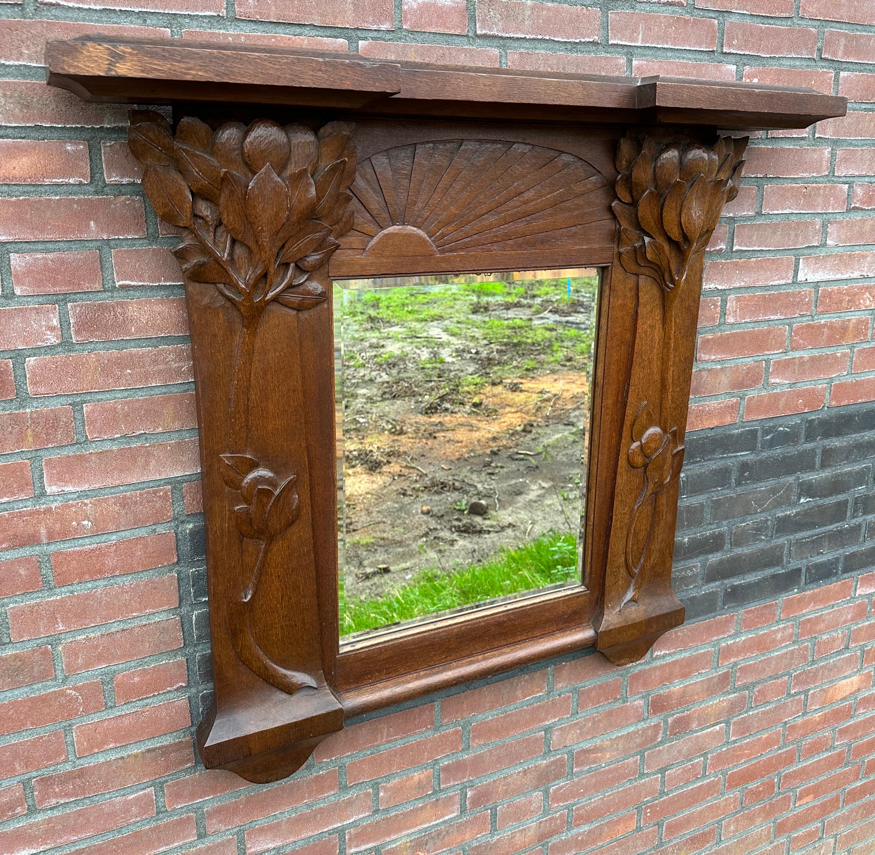 Arts and Crafts  Pure Arts & Crafts Wooden Wall / Fireplace Mirror w. Amazing Hand Carved Plants For Sale