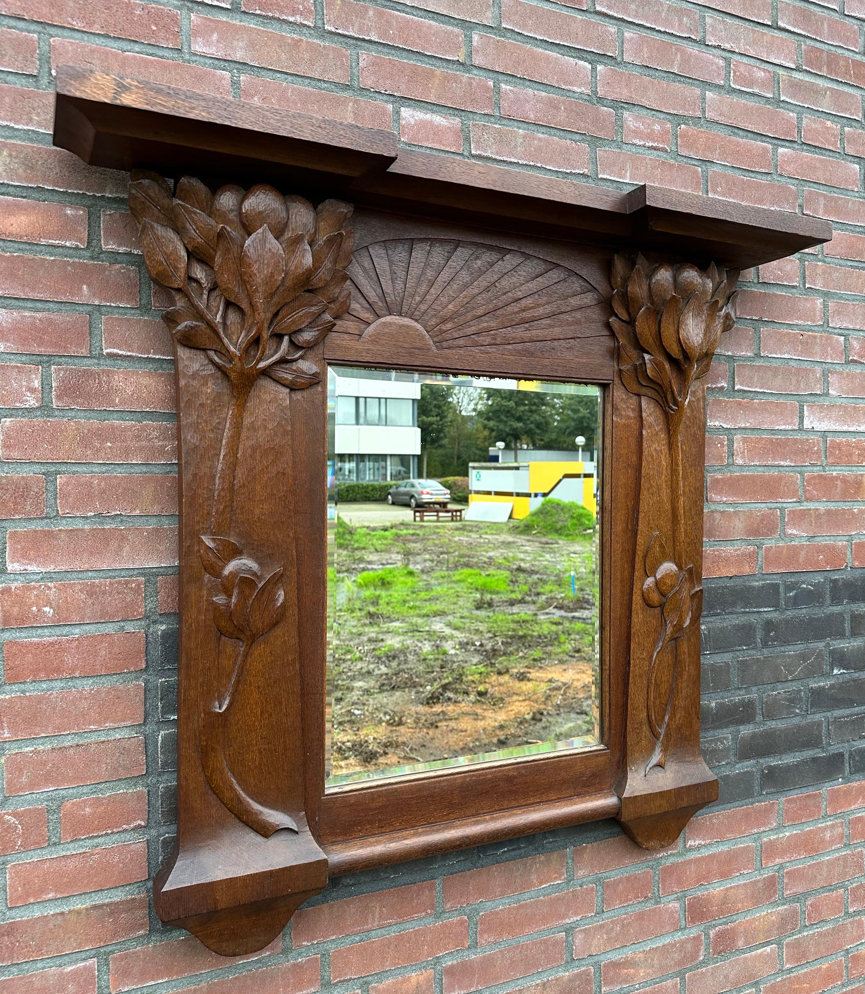 French  Pure Arts & Crafts Wooden Wall / Fireplace Mirror w. Amazing Hand Carved Plants For Sale