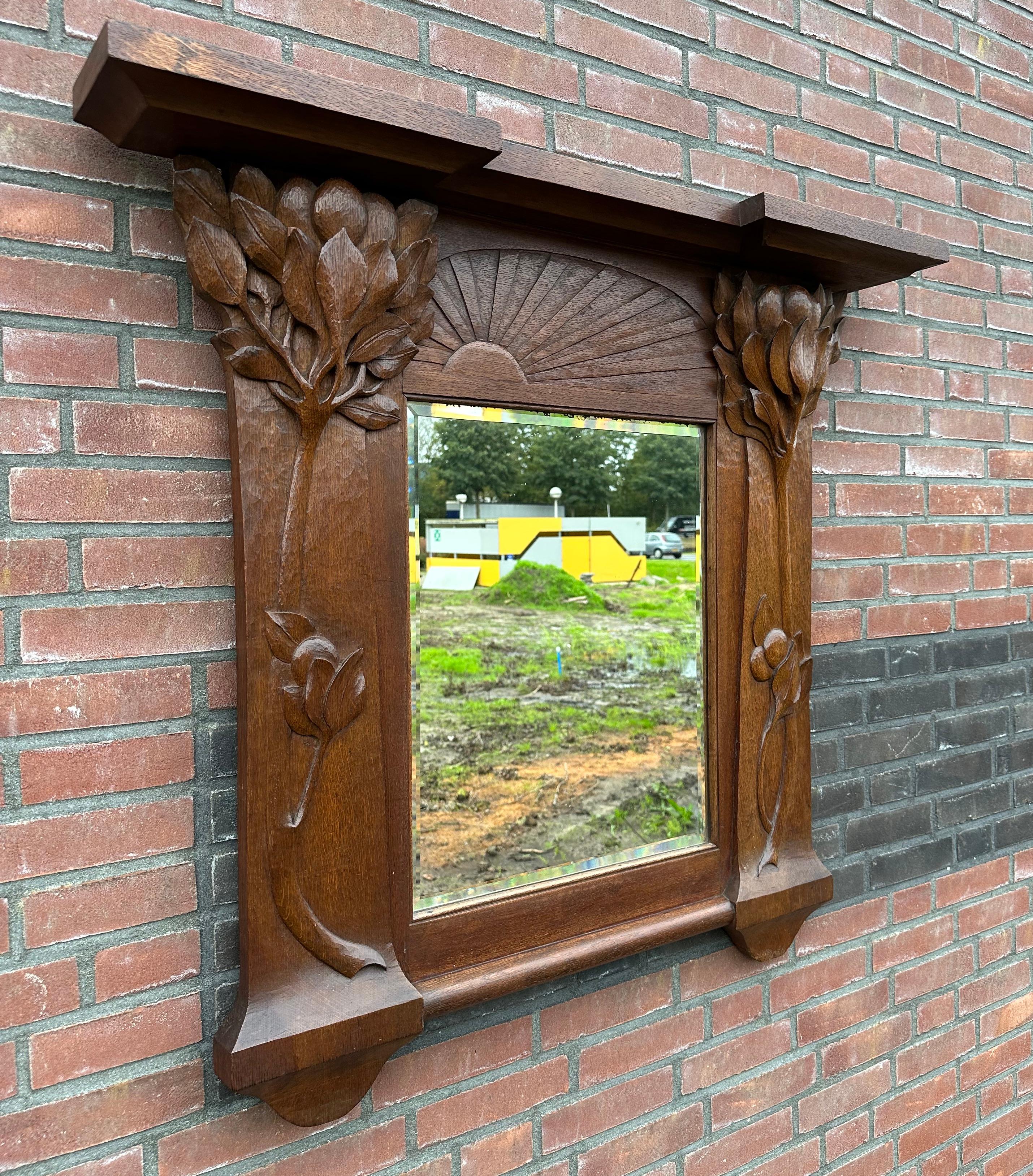 Beveled  Pure Arts & Crafts Wooden Wall / Fireplace Mirror w. Amazing Hand Carved Plants For Sale