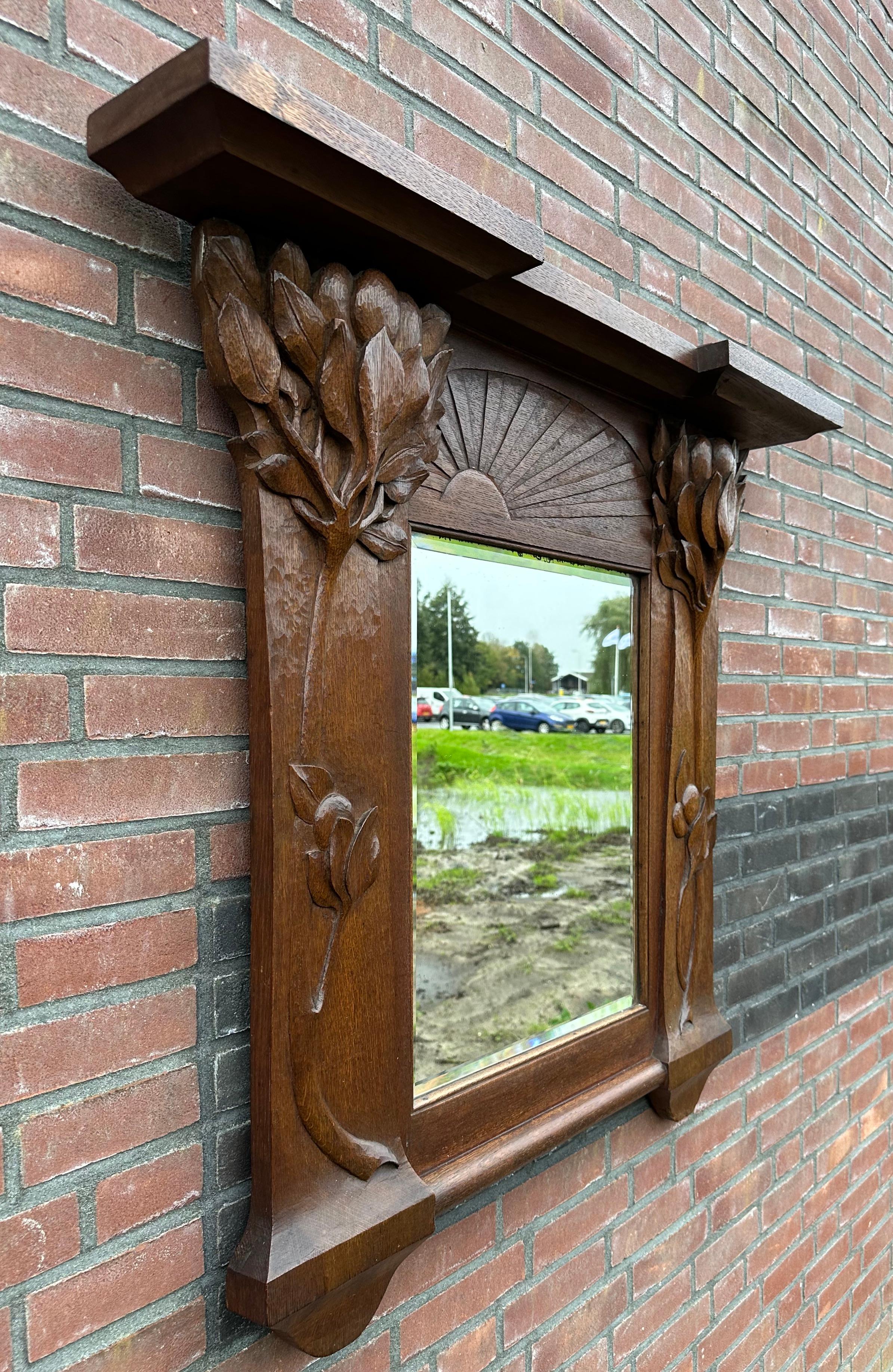 Pure Arts & Crafts Wooden Wall / Fireplace Mirror w. Amazing Hand Carved Plants In Good Condition For Sale In Lisse, NL
