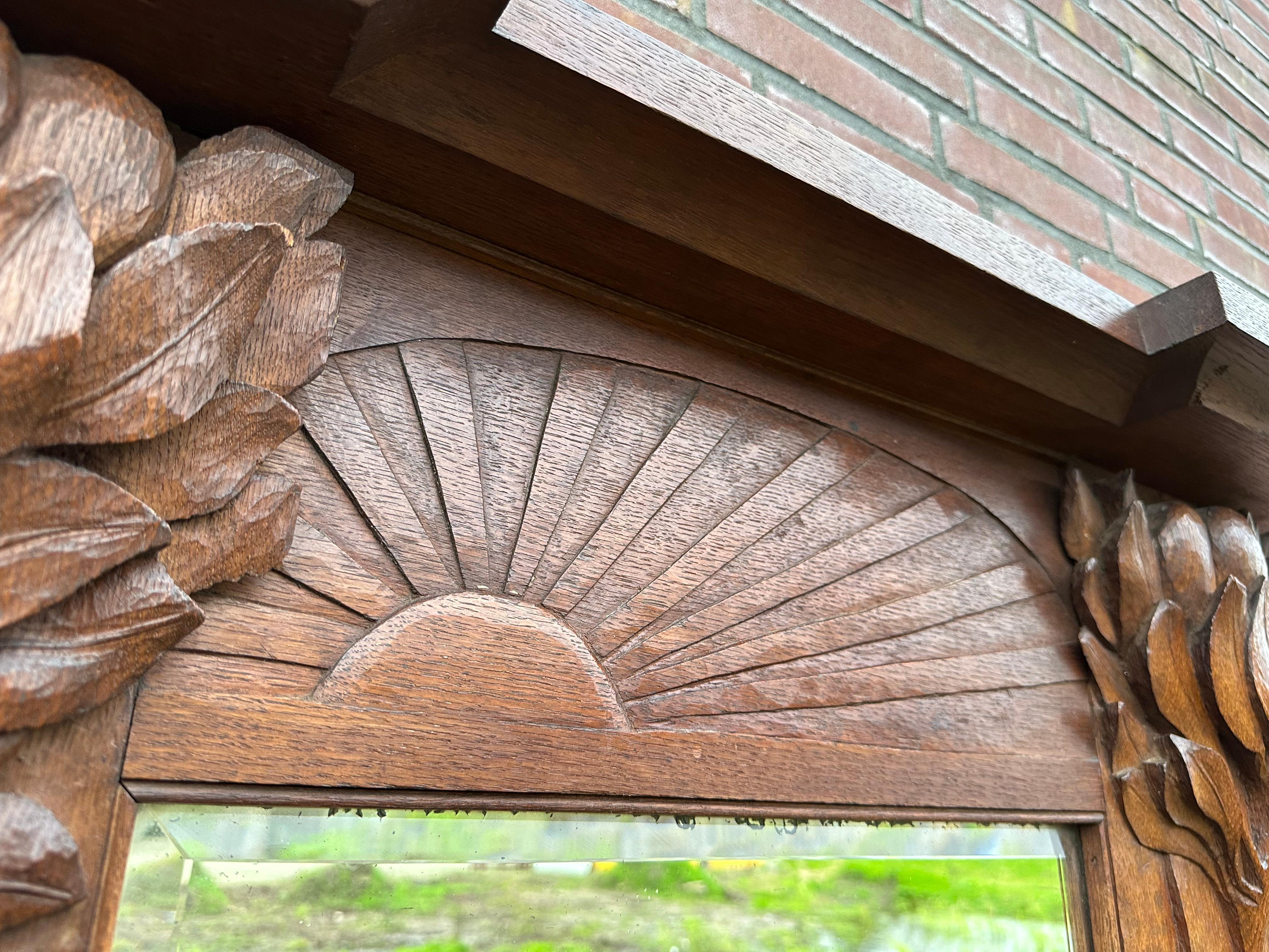 20th Century Pure Arts & Crafts Wooden Wall / Fireplace Mirror w. Amazing Hand Carved Plants For Sale