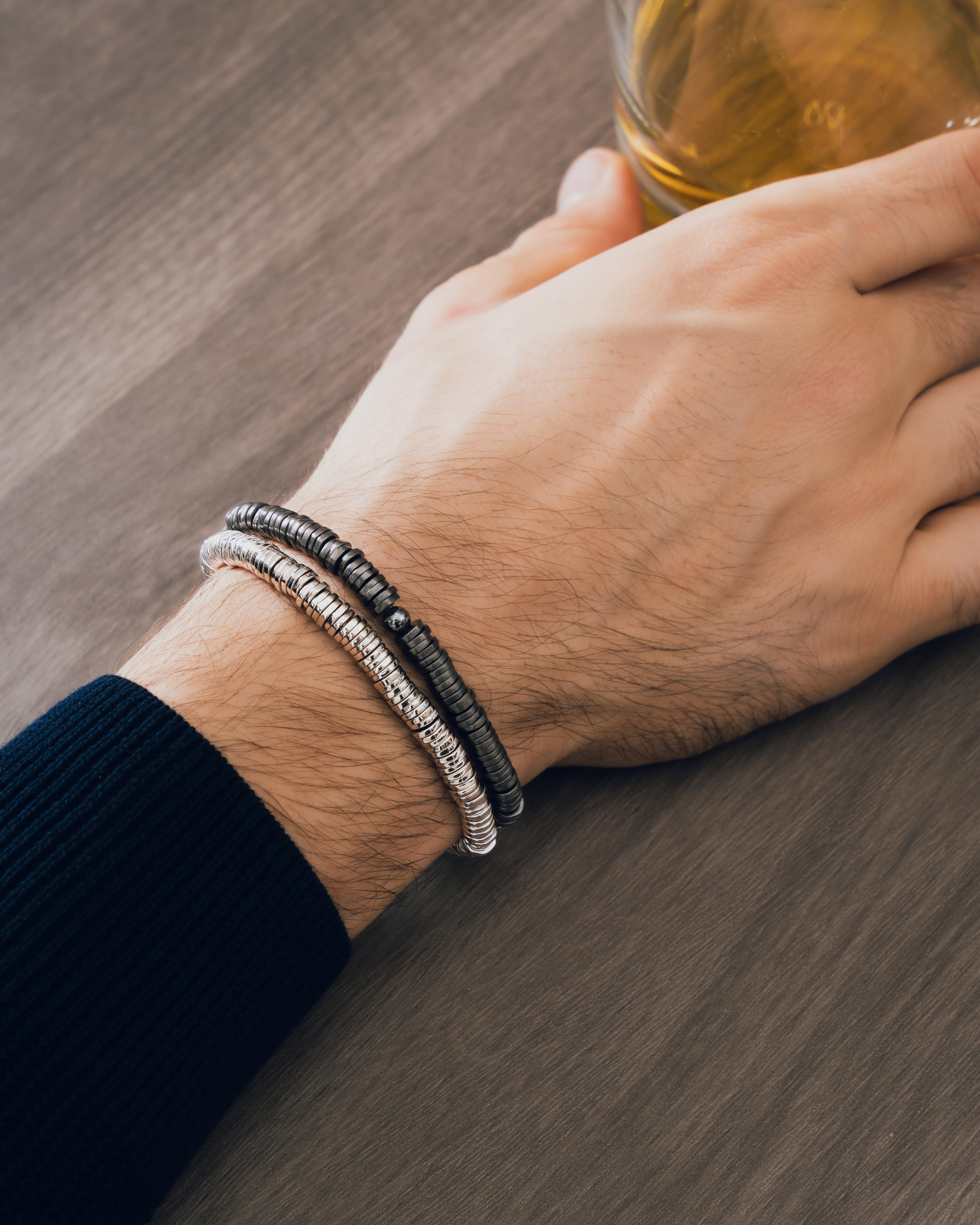 Ausziehbares Armband aus reinem Rhodiumsilber mit Scheiben, Größe S im Angebot 1