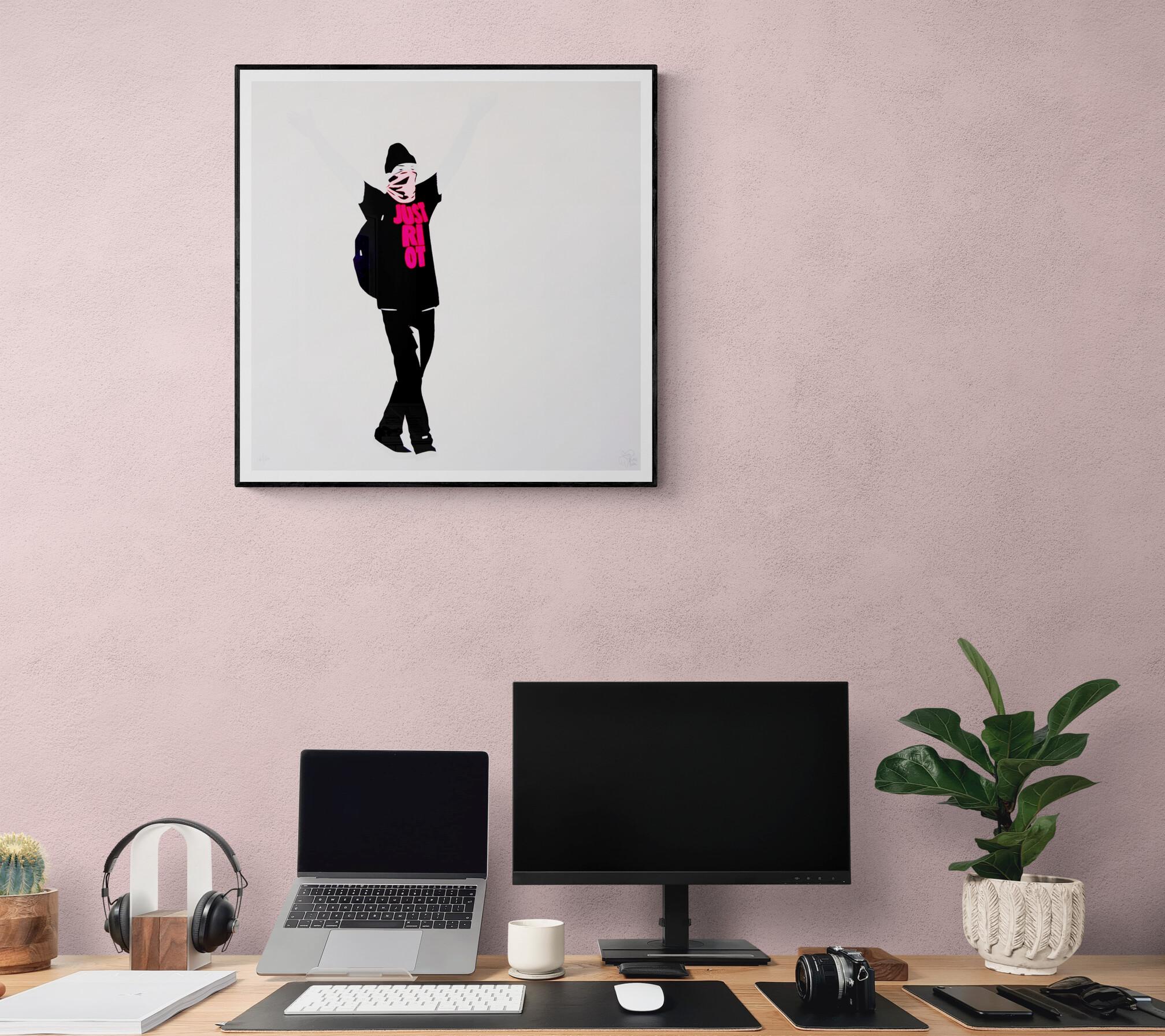 PURE EVIL - JUST RIOT (Fluoro pink)
Date of creation: 2015
Medium: Screen print on Fedrigoni paper
Edition: 50
Size: 70 x 70 cm
Condition: In mint conditions, brand new and never framed
Observations:
Three colour screen print on high quality