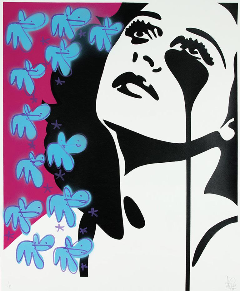 Pure Evil Figurative Print - PURE EVIL: Hedy Lamarr - Blue Bunny Dreams. Unique hand finished print. Pop Art