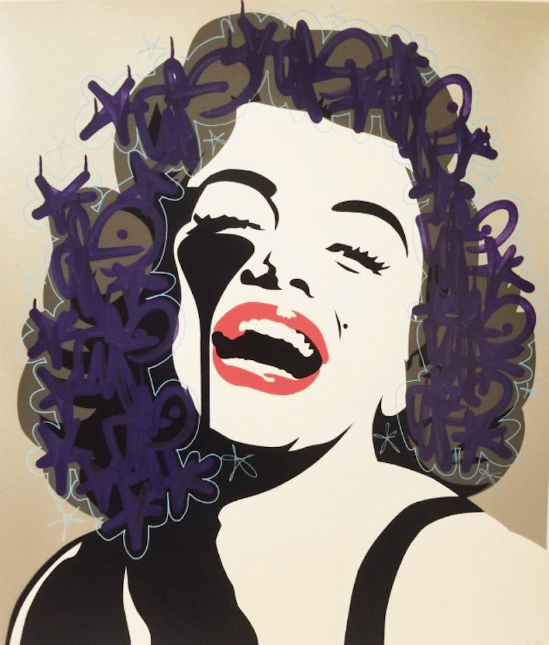 Charles Uzzell Edwards aka Pure Evil's Laughing Silver Marilyn is an original edition 2 color screenprint on thick archival 330gsm Fedrigoni paper, handfinished by the artist with purple and blue paint marker and pen graffiti tags, and Pure Evil