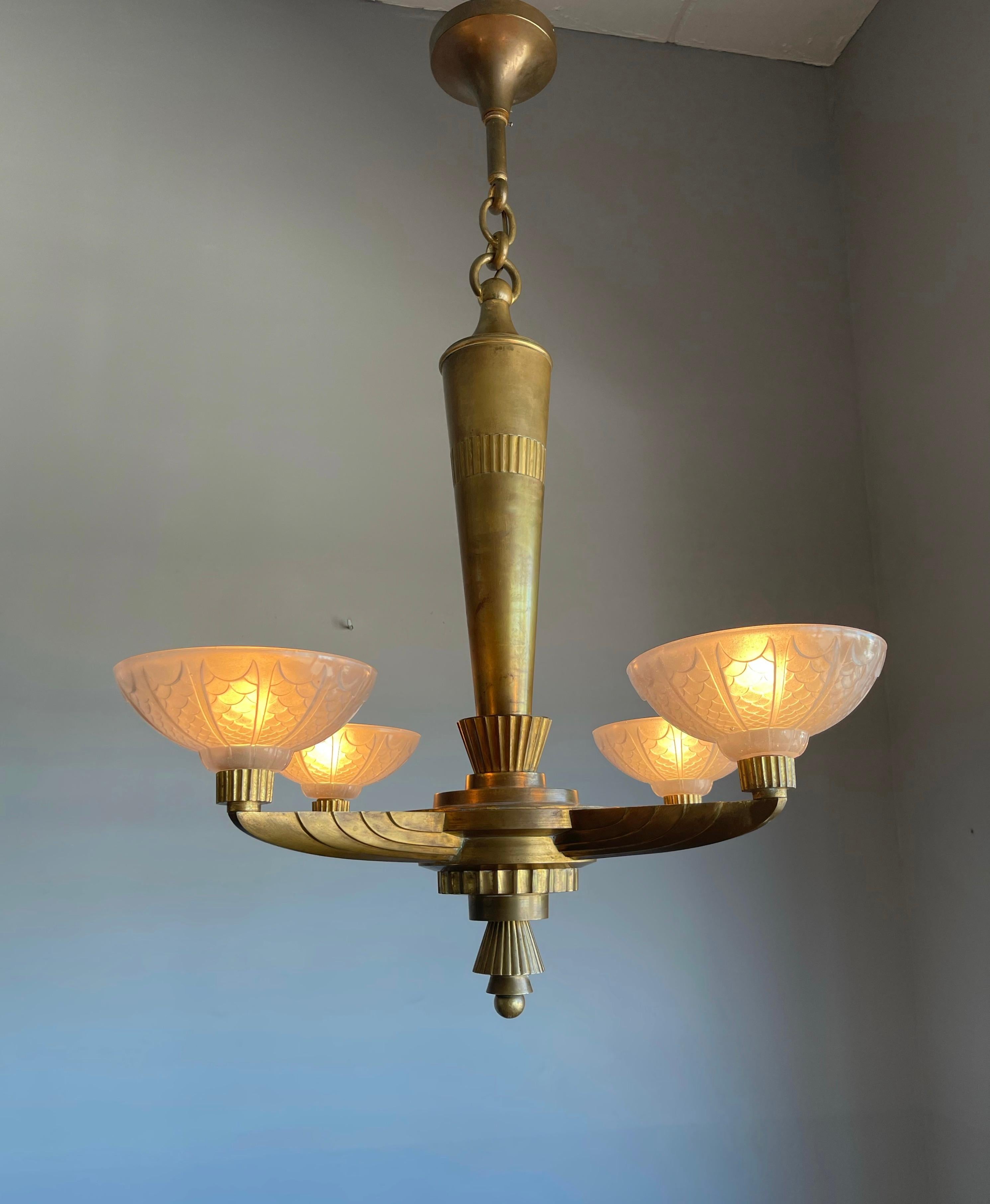 French Pure France Art Deco 1920s Bronze & Glass Pendant Chandelier by Antonin Petitot For Sale
