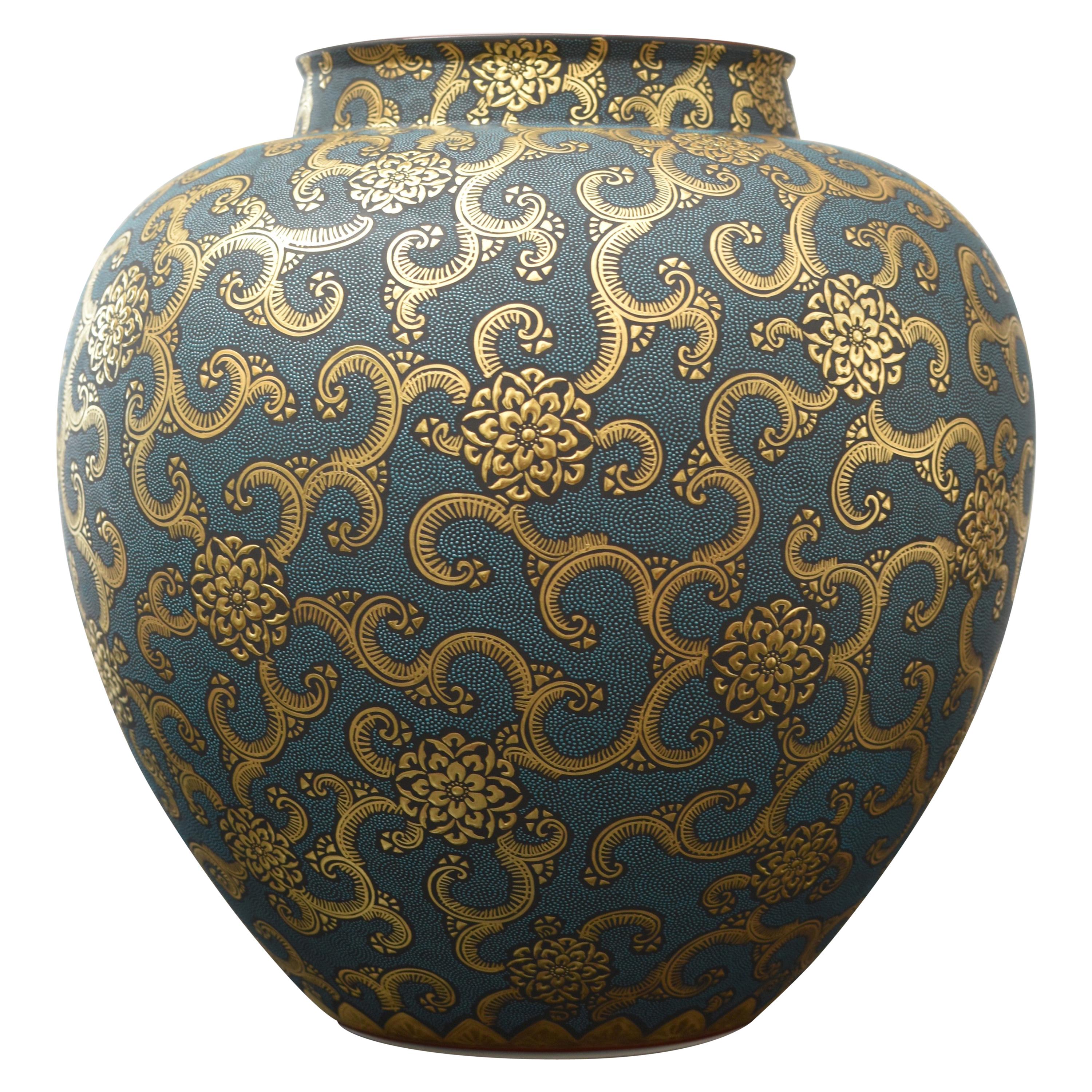 Contemporary Japanese Gold Blue Porcelain Vase by Master Artist