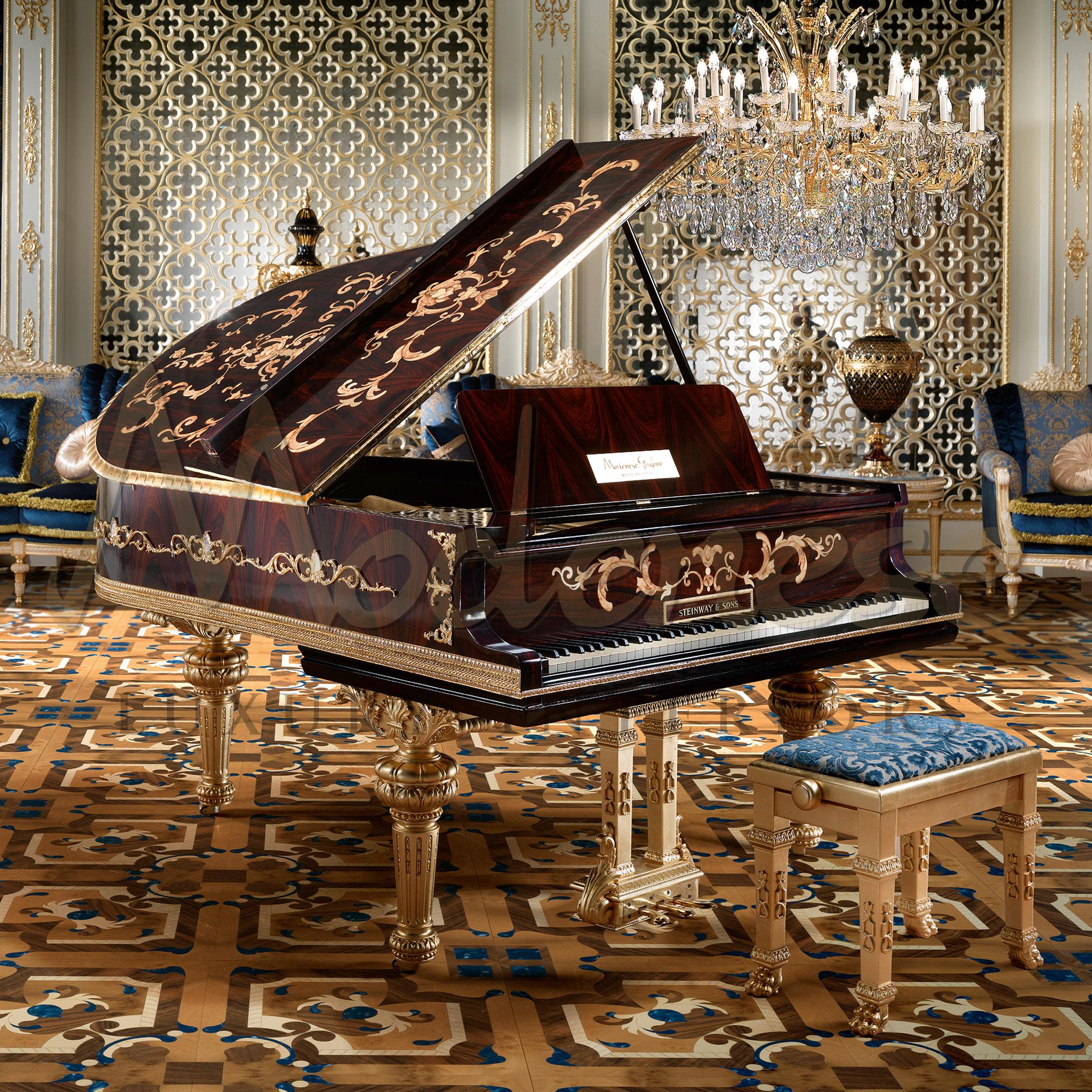 Enjoy your unique customized piano while playing it sitting on one of our most beloved poufs. Its four legs end with a firm and robust lion's paw and all its wooden surfaces are decorated with gold leaf applications. Designed and produced by