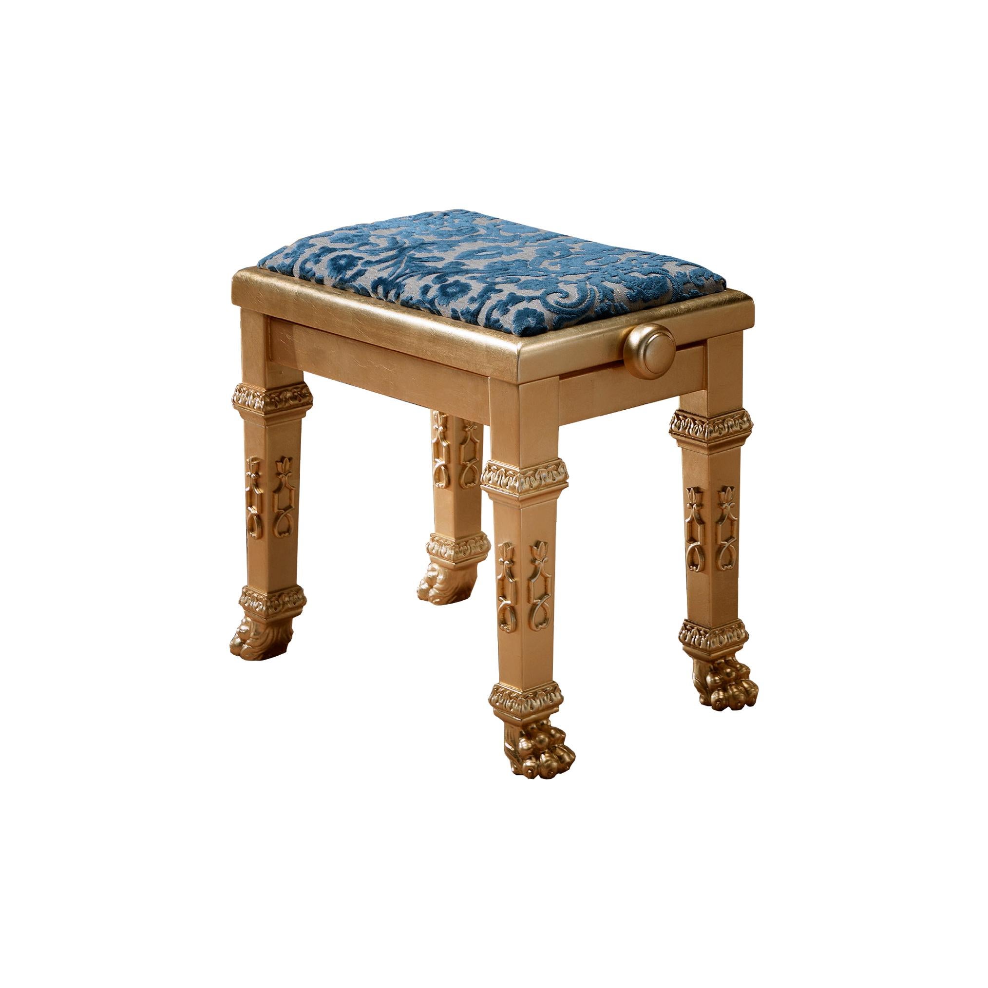 Rococo Pure Gold Piano Stool with Blue Damask by Modenese Gastone Interiors For Sale