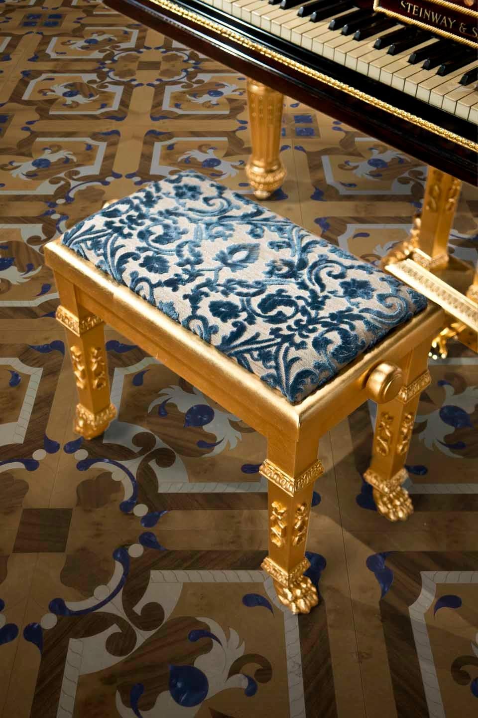 Italian Pure Gold Piano Stool with Blue Damask by Modenese Gastone Interiors For Sale
