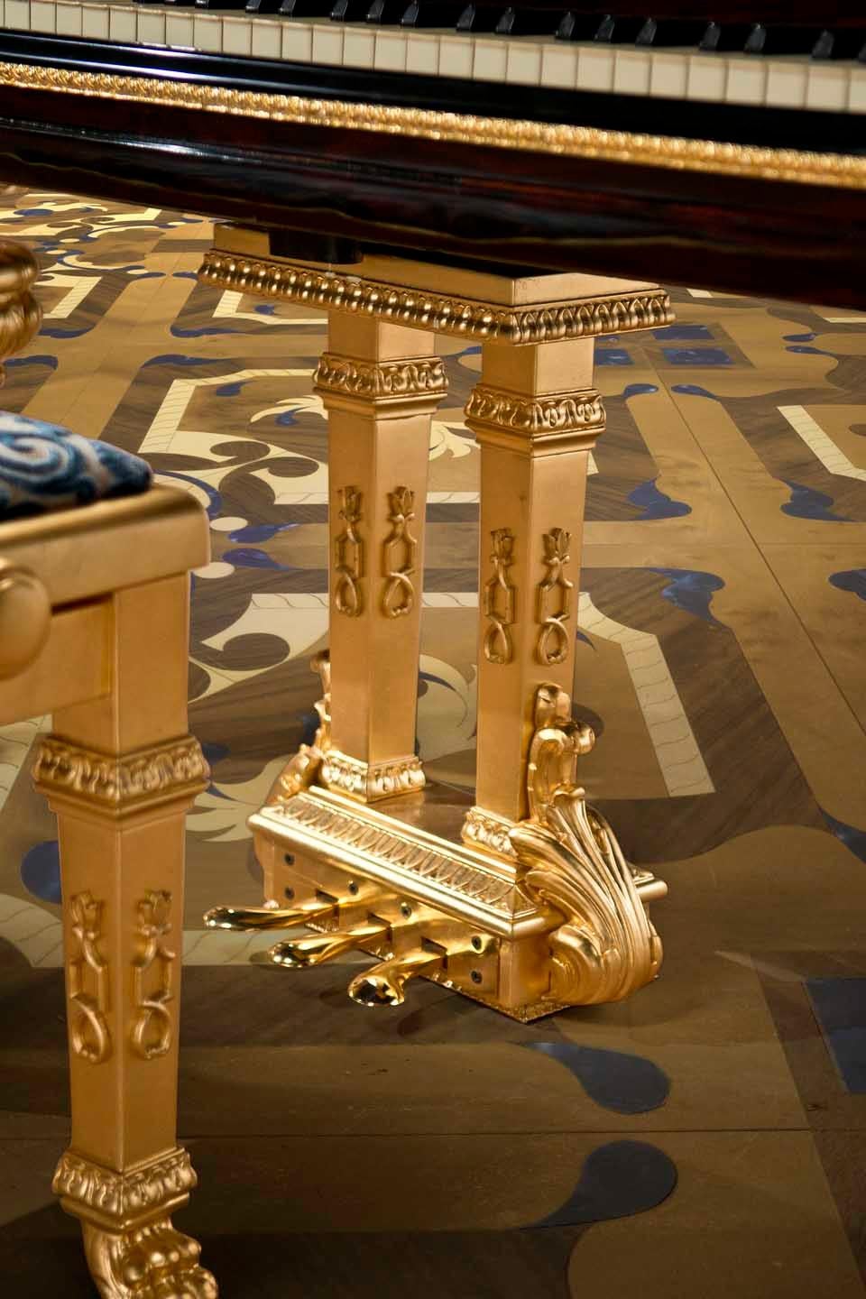 Polished Pure Gold Piano Stool with Blue Damask by Modenese Gastone Interiors For Sale