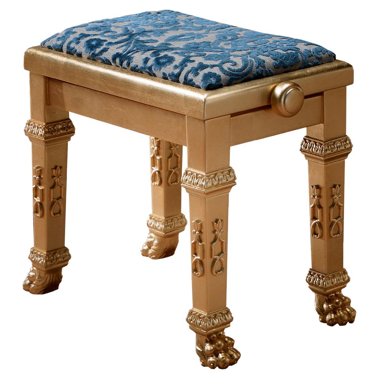 Tabouret de piano en or pur avec damas bleu par Modenese Gastone Interiors en vente