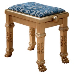 Tabouret de piano en or pur avec damas bleu par Modenese Gastone Interiors