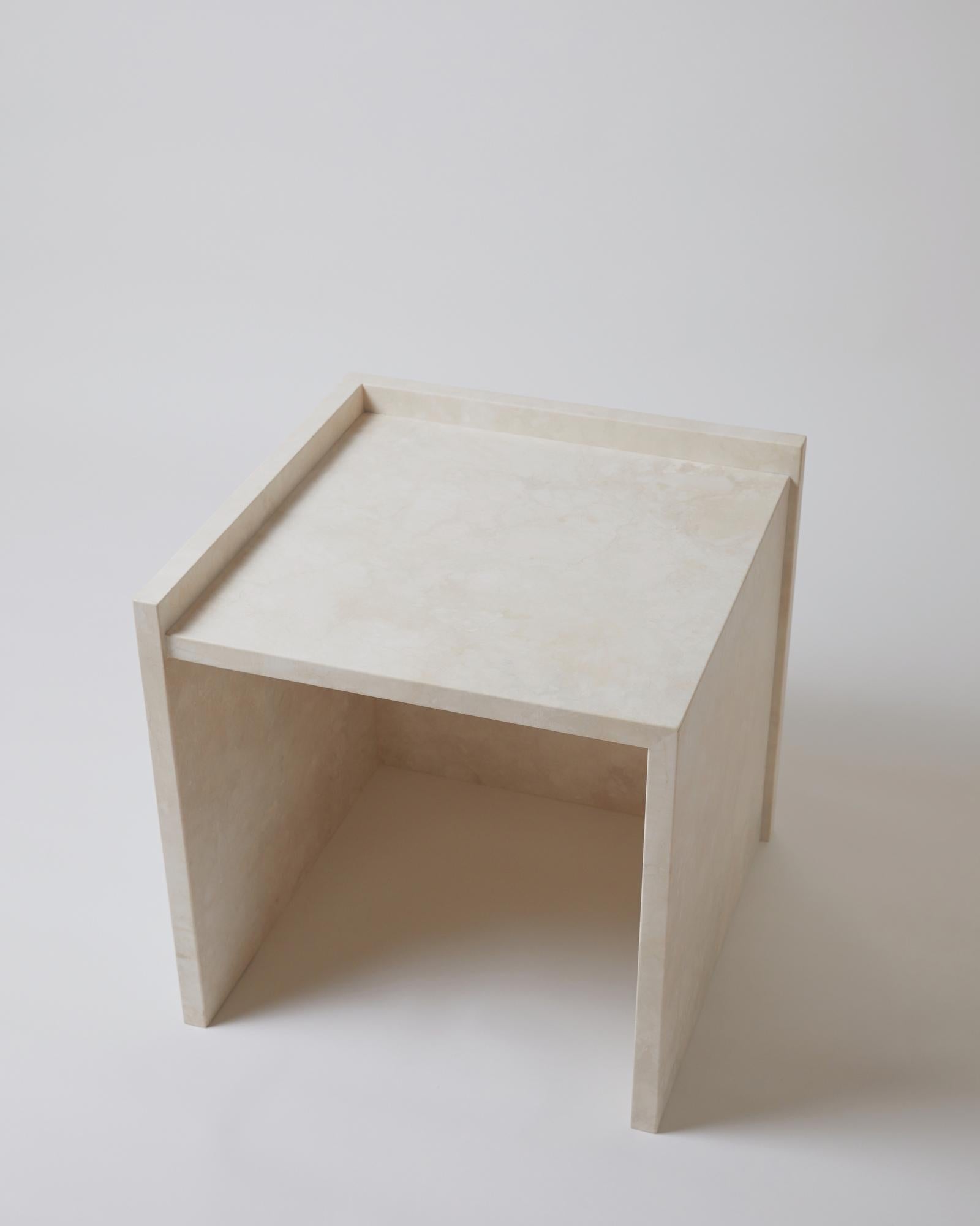 American Pure Minimalist Travertine Left Side Table by Amee Allsop, AA112.1 For Sale